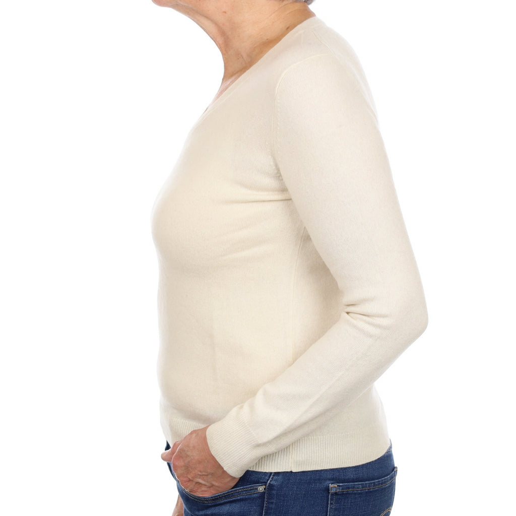Vanilla Cream Cashmere V Neck Jumper Medium