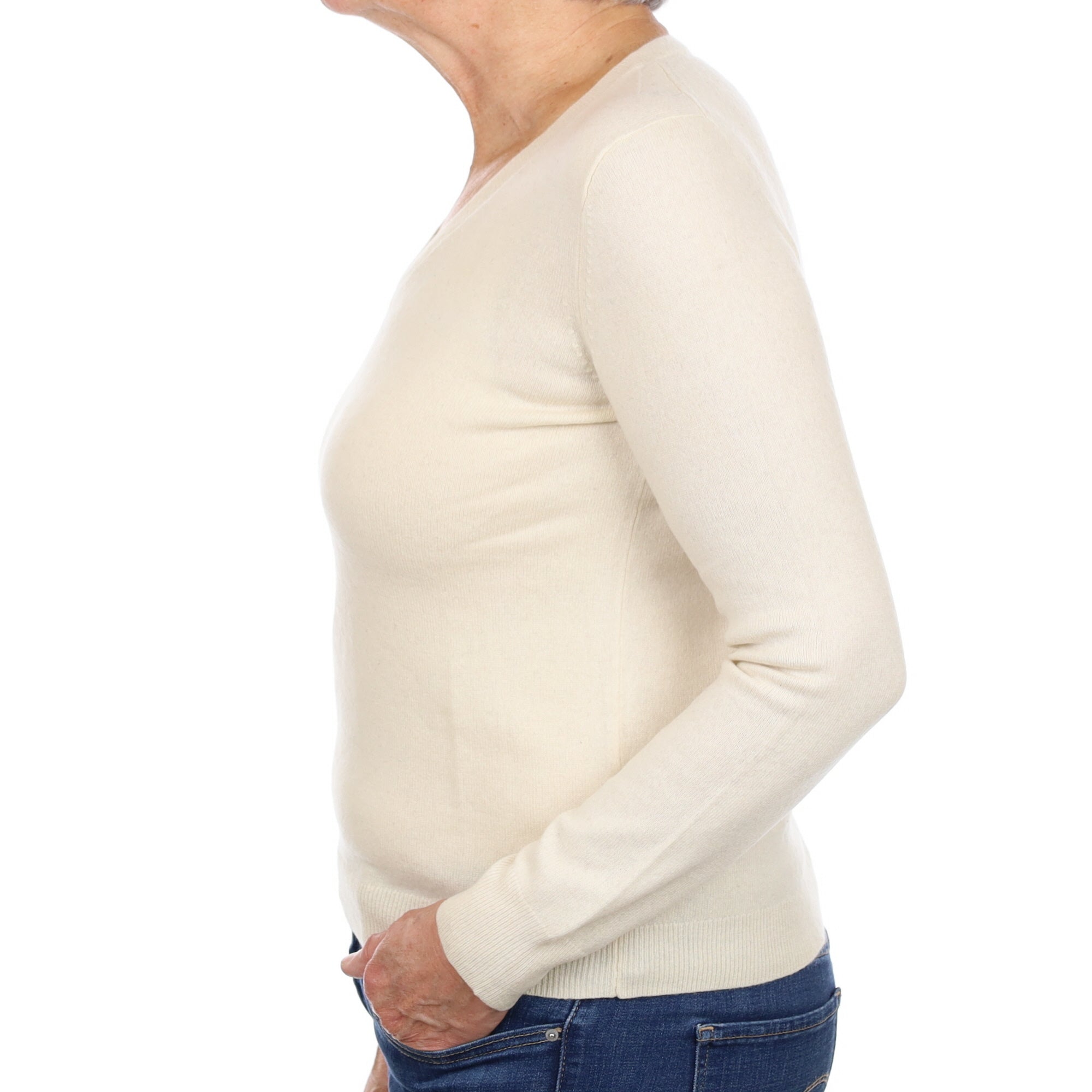Vanilla Cream Cashmere V Neck Jumper Medium
