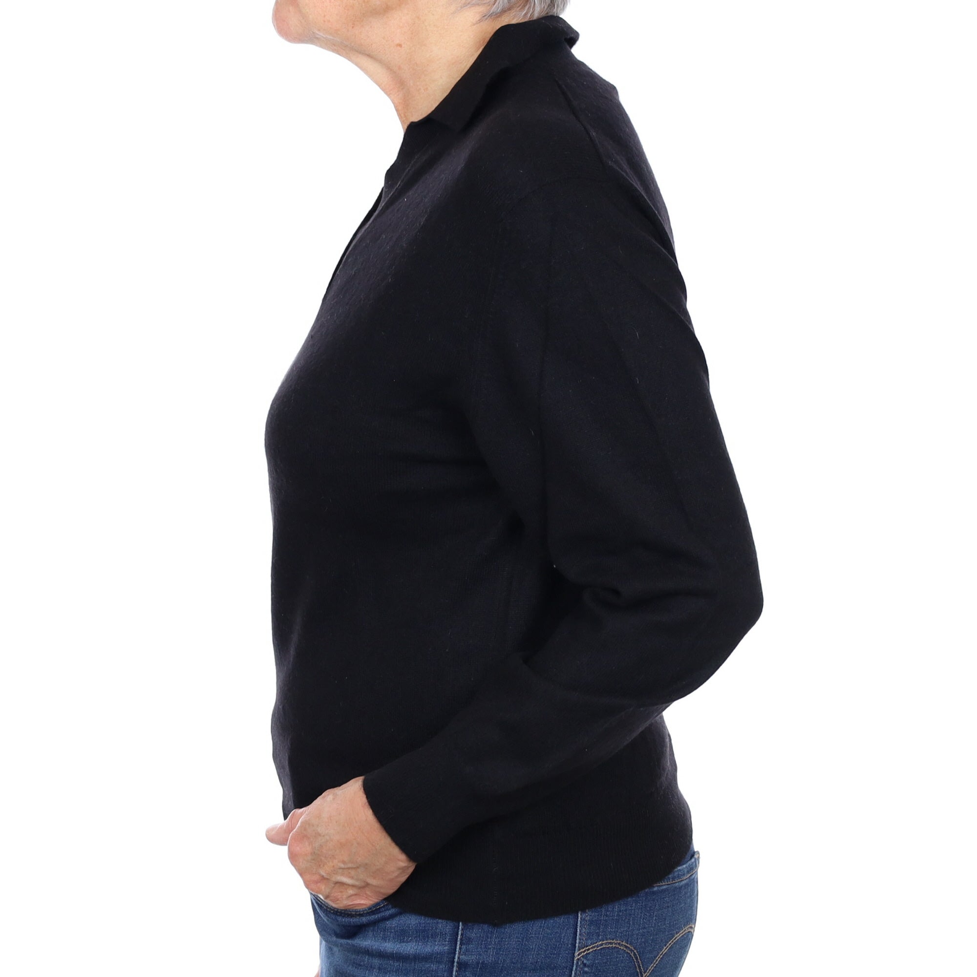 Scottish Black Cashmere Collared V Neck Jumper Medium