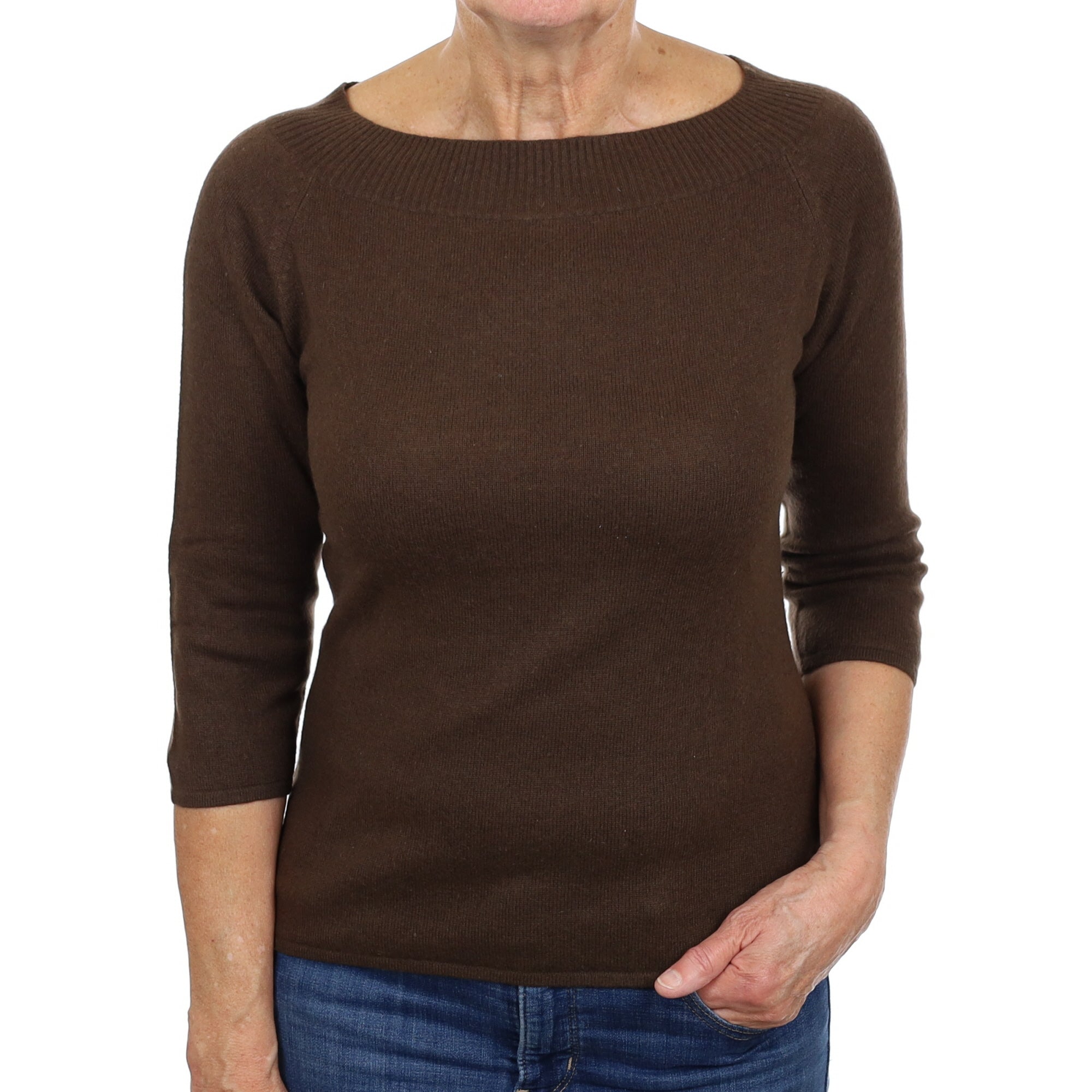 Chocolate Brown Cashmere Boat Neck Jumper Medium