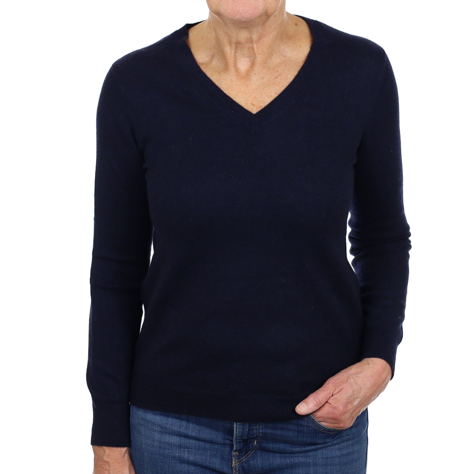 Navy Blue Cashmere V Neck Jumper Medium