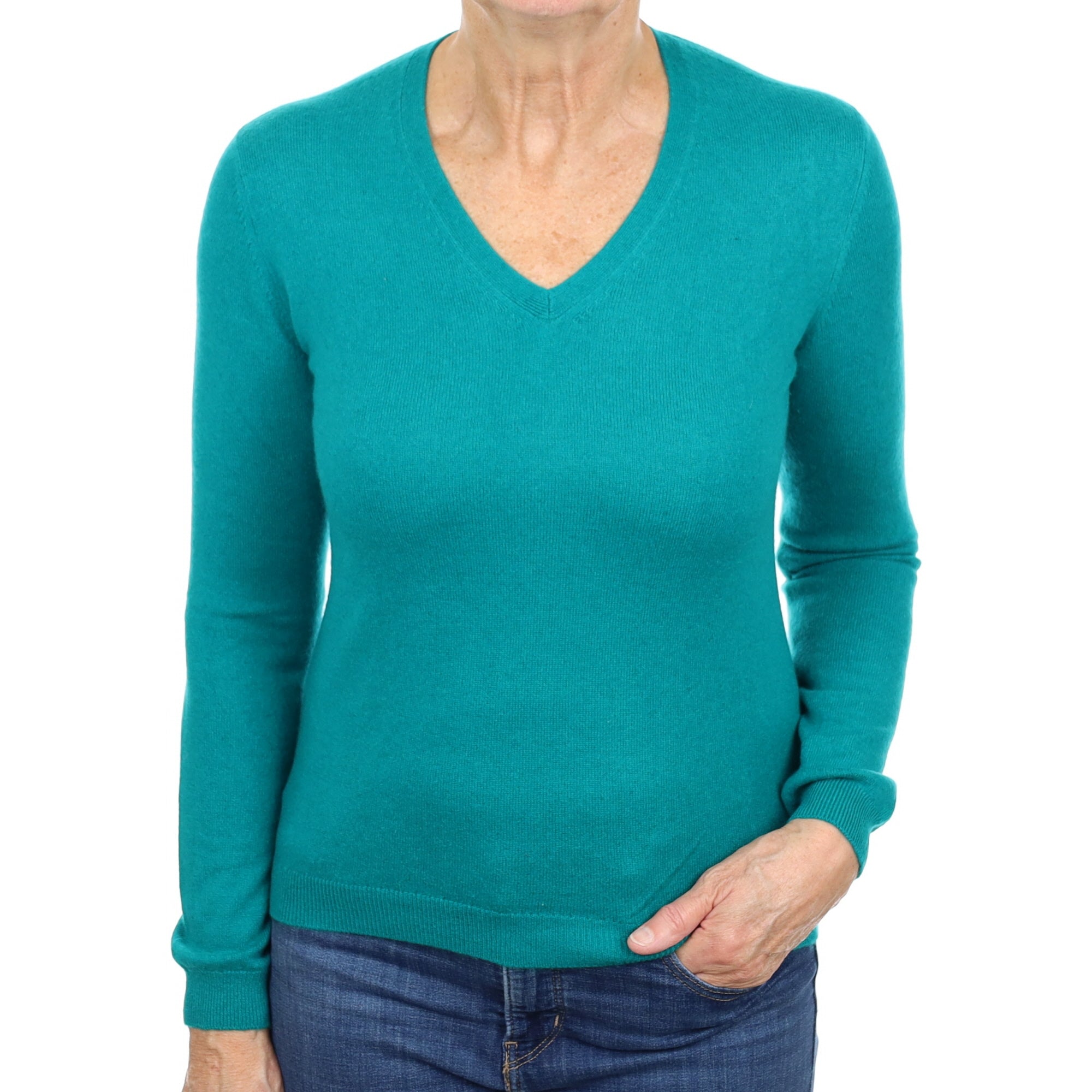 Deep Turquoise Green Cashmere V Neck Jumper Medium