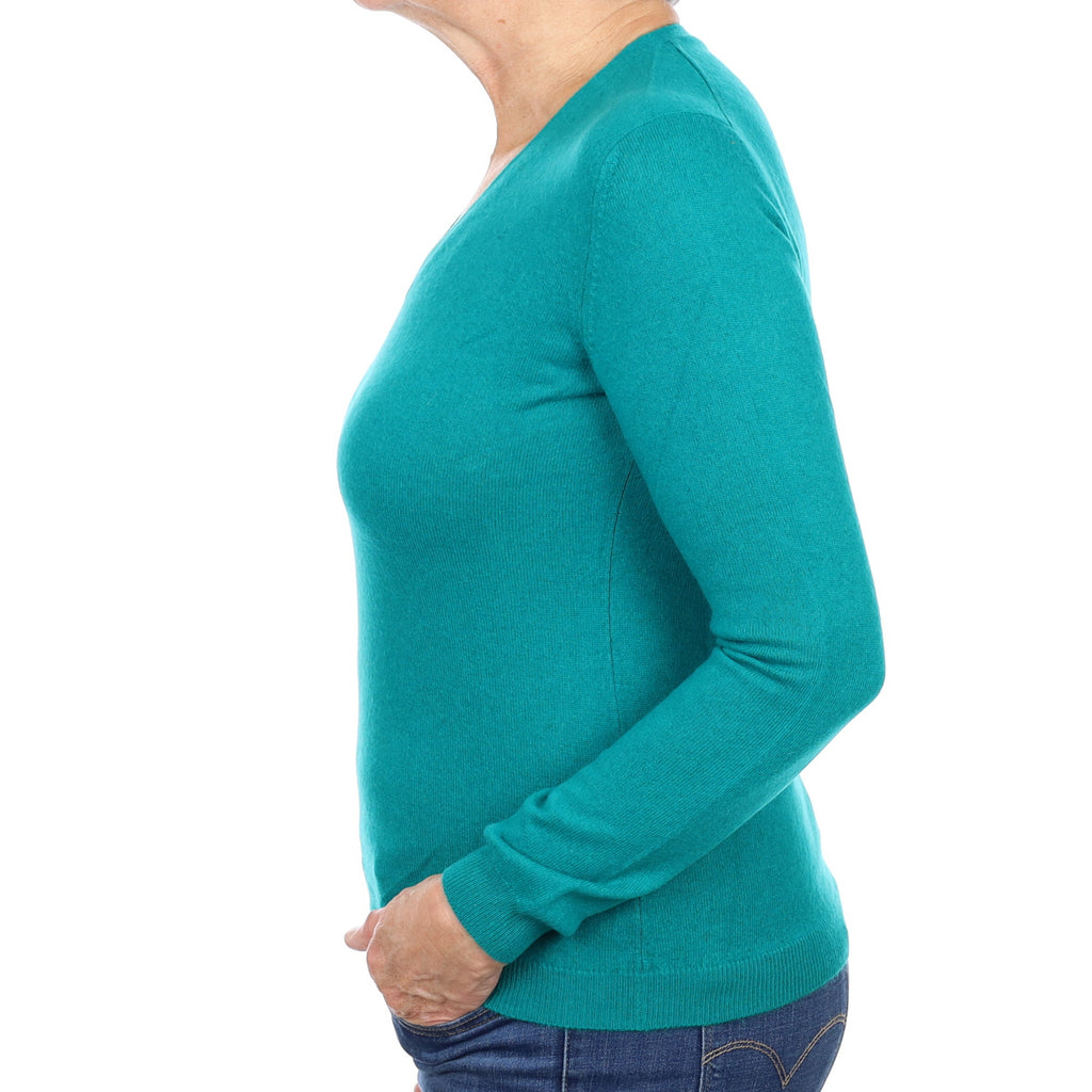 Deep Turquoise Green Cashmere V Neck Jumper Medium