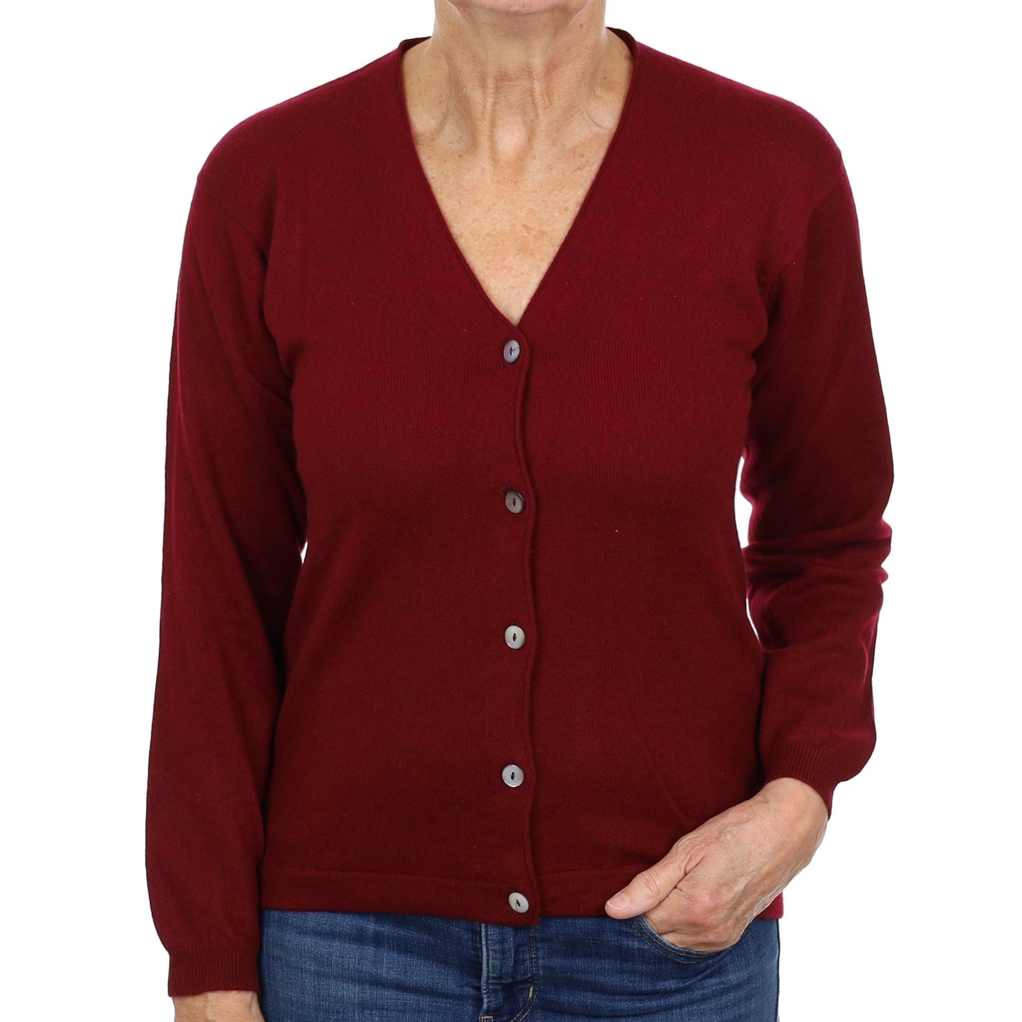 Burgundy Red Cashmere V Neck Cardigan Medium