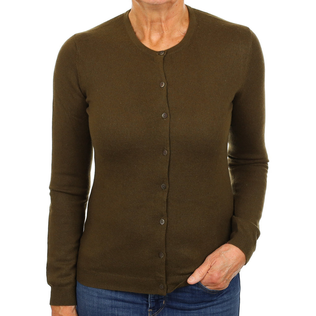 Deep Khaki Cashmere Crew Neck Cardigan Medium
