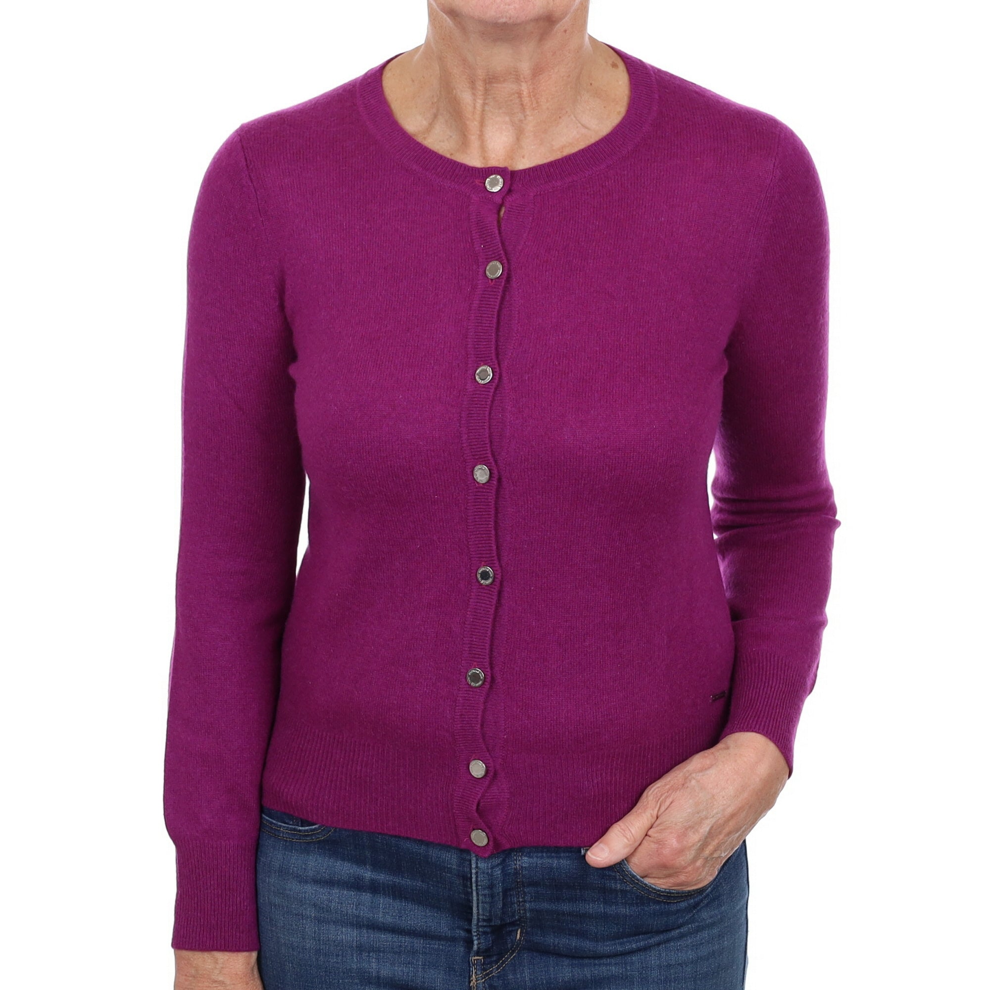 Magenta Purple Cashmere Crew Neck Cardigan Medium