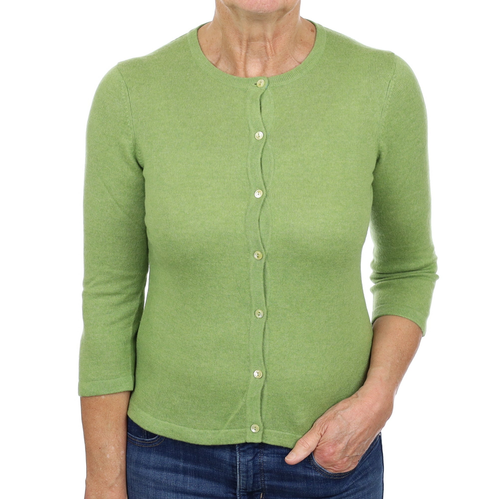 Key Lime Green Cashmere Crew Neck Cardigan Medium