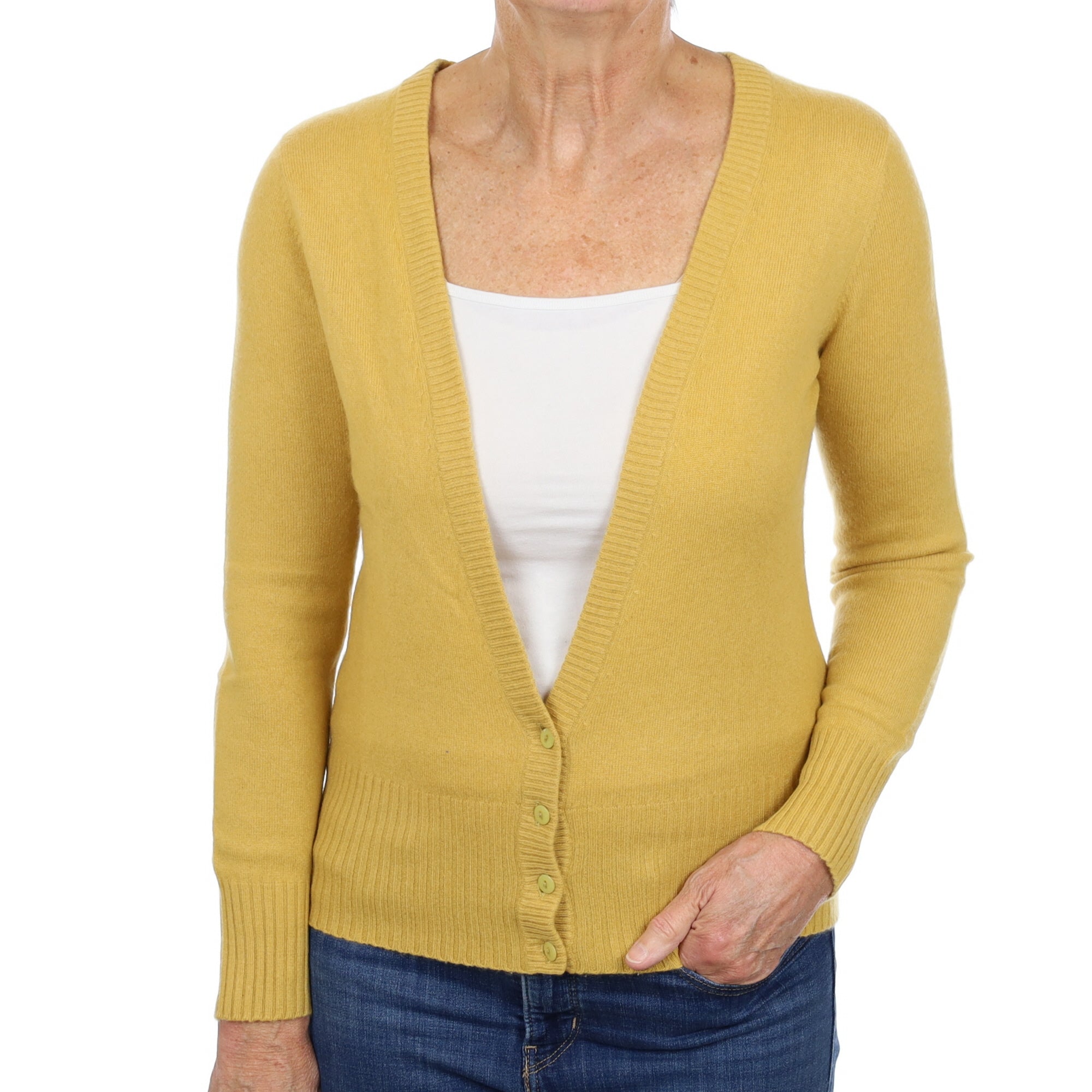 Mustard Yellow Cashmere V Neck Cardigan Medium