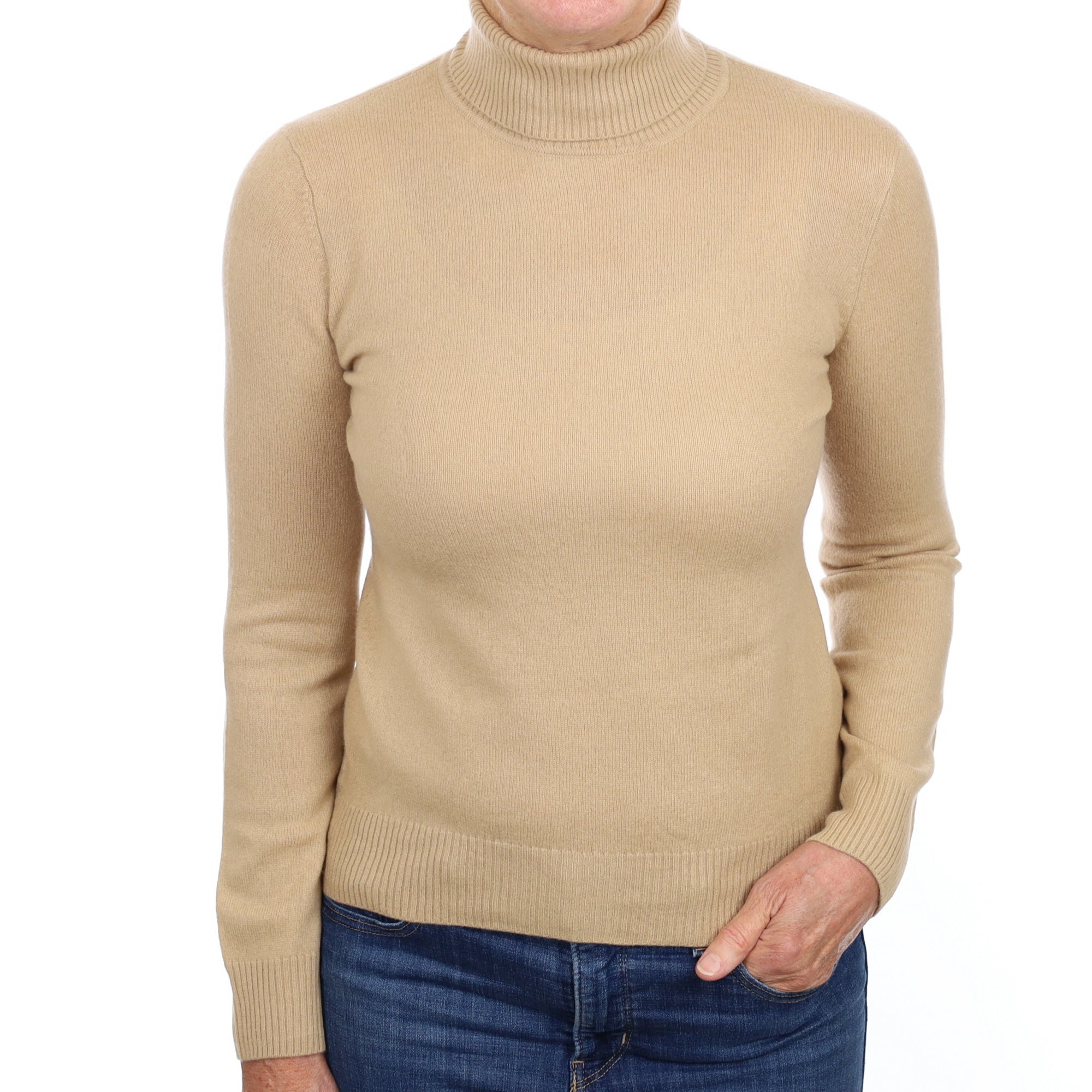 Camel Brown Cashmere Polo Neck Jumper Medium