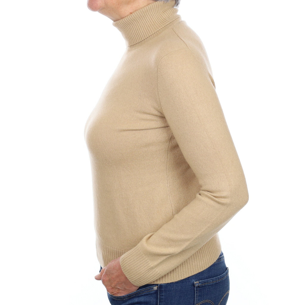 Camel Brown Cashmere Polo Neck Jumper Medium
