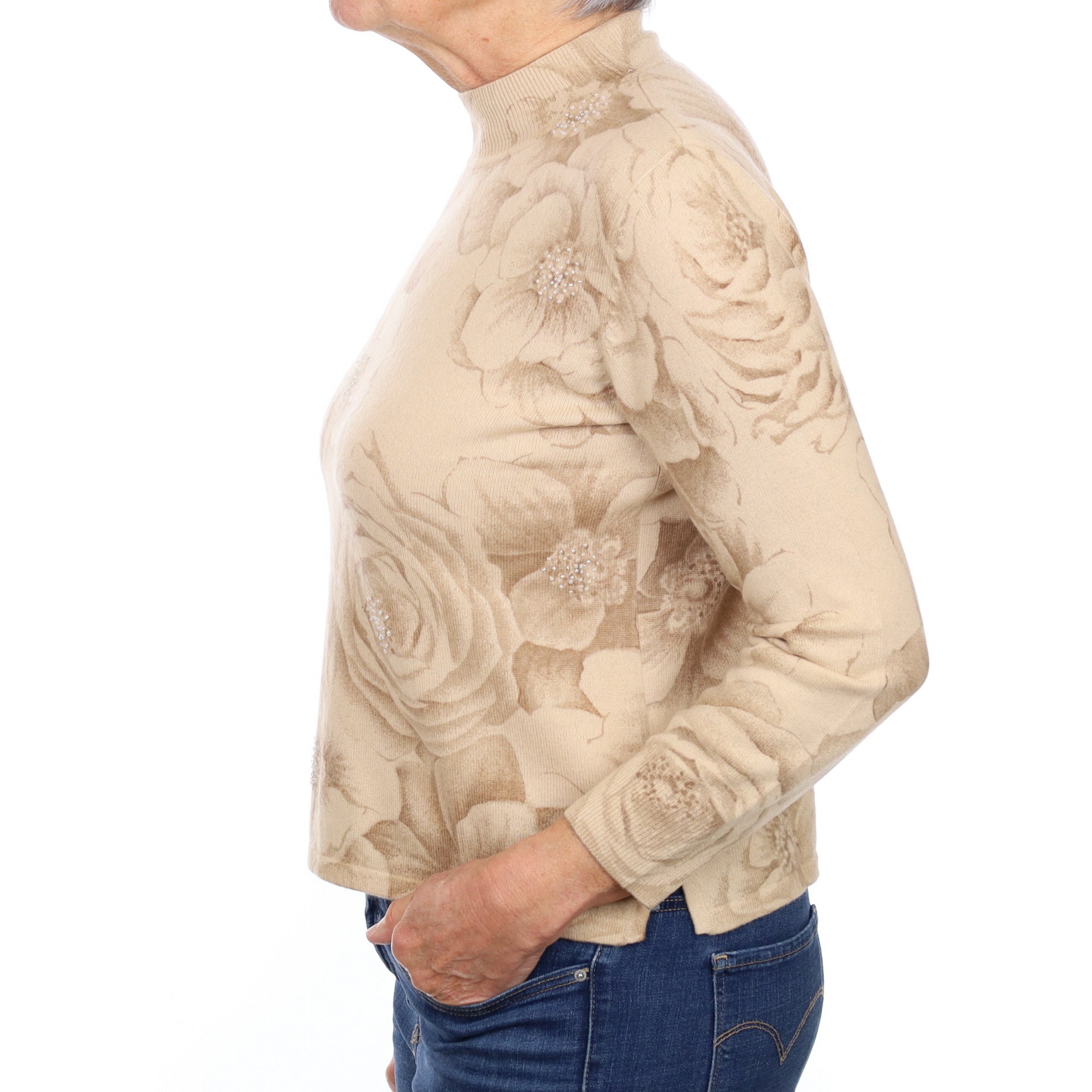 Beige Floral Cashmere Turtle Neck Jumper Medium