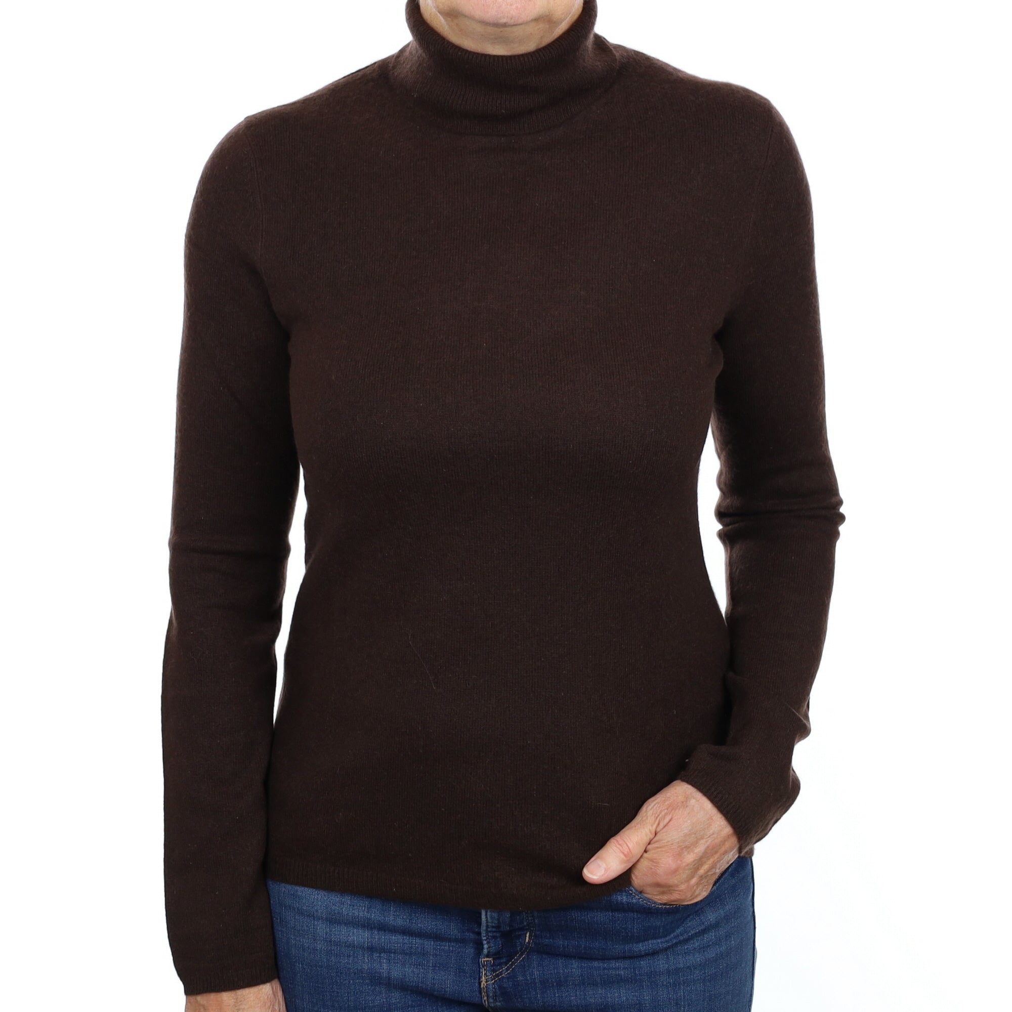 Chocolate Brown Cashmere Polo Neck Jumper Medium