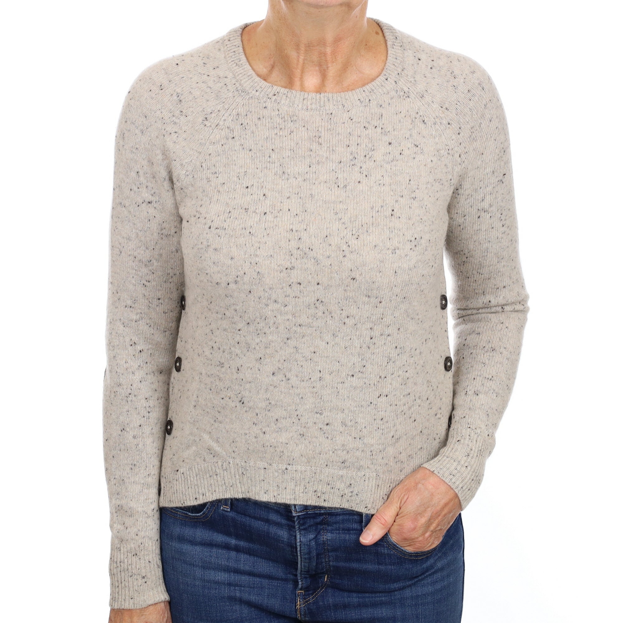 Grey Flecked Cashmere Button Side Crew Neck Jumper Medium