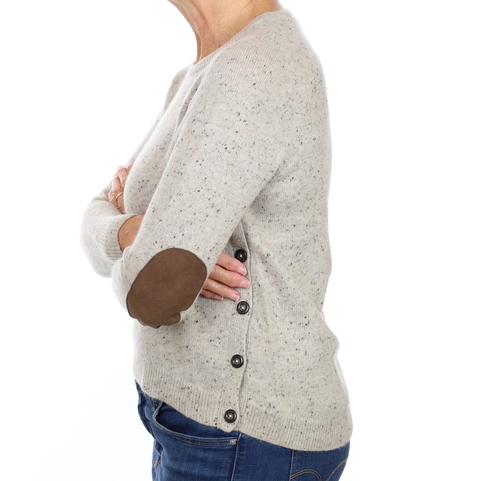 Grey Flecked Cashmere Button Side Crew Neck Jumper Medium