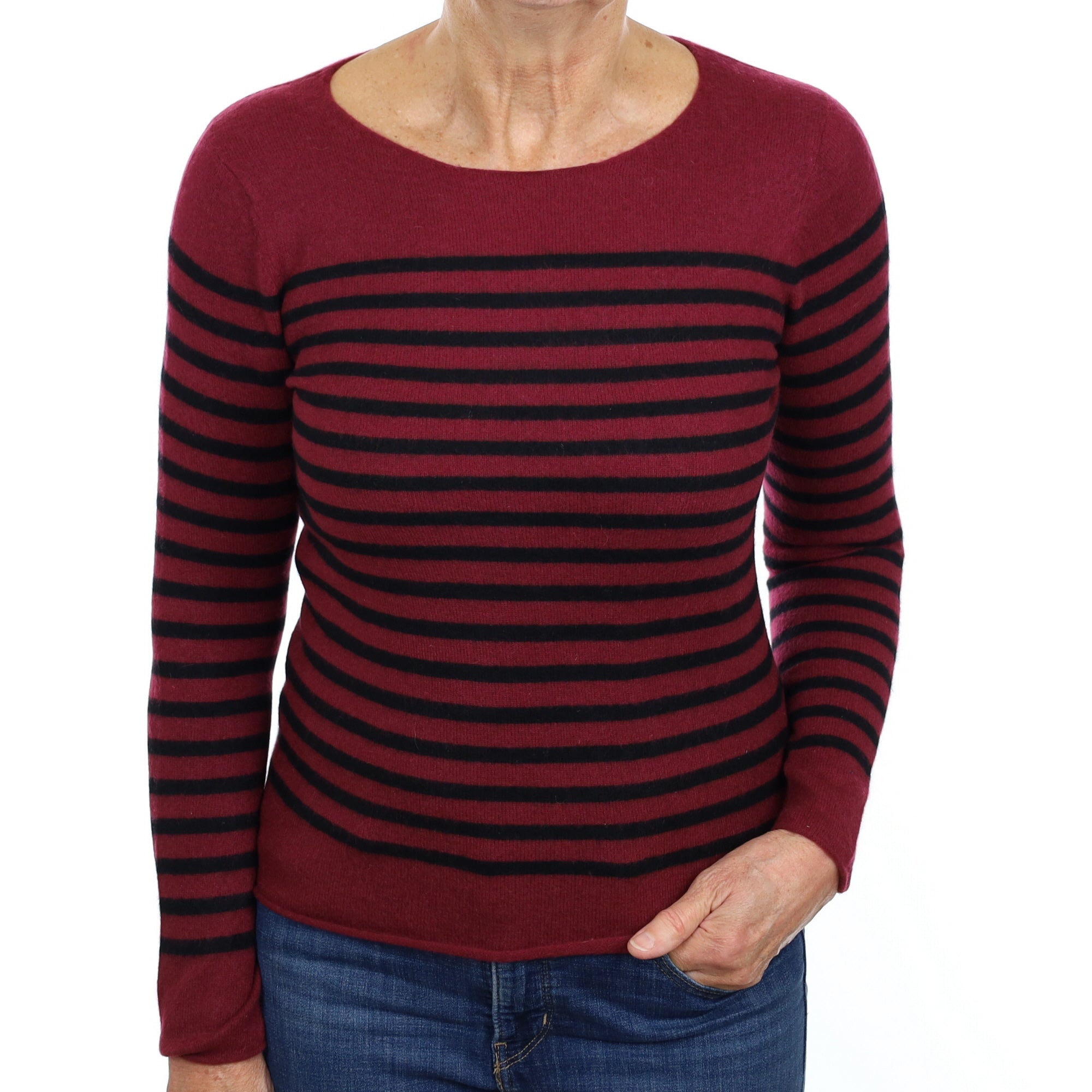 Wine and Black Stripe Cashmere Crew Neck Jumper Medium