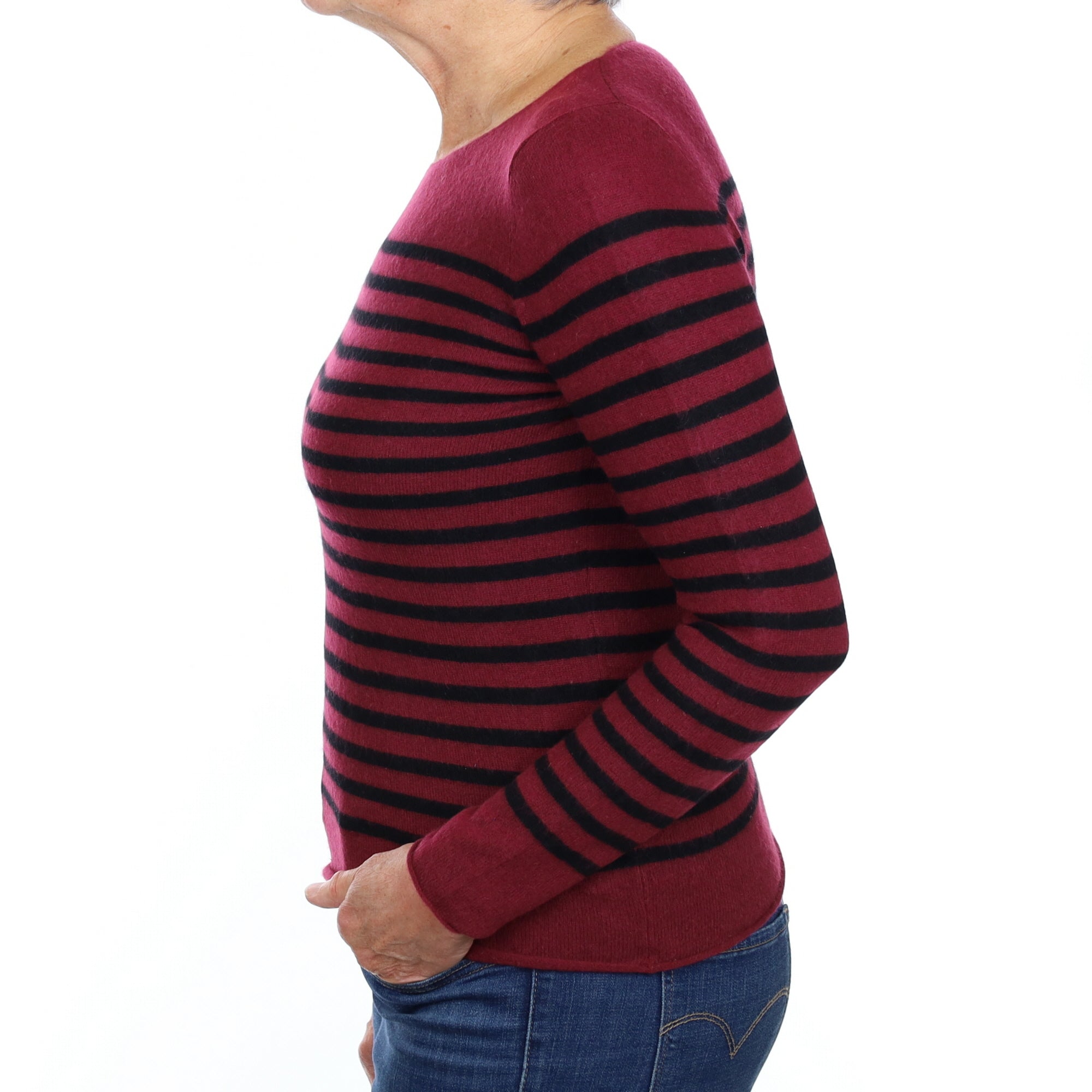 Wine and Black Stripe Cashmere Crew Neck Jumper Medium