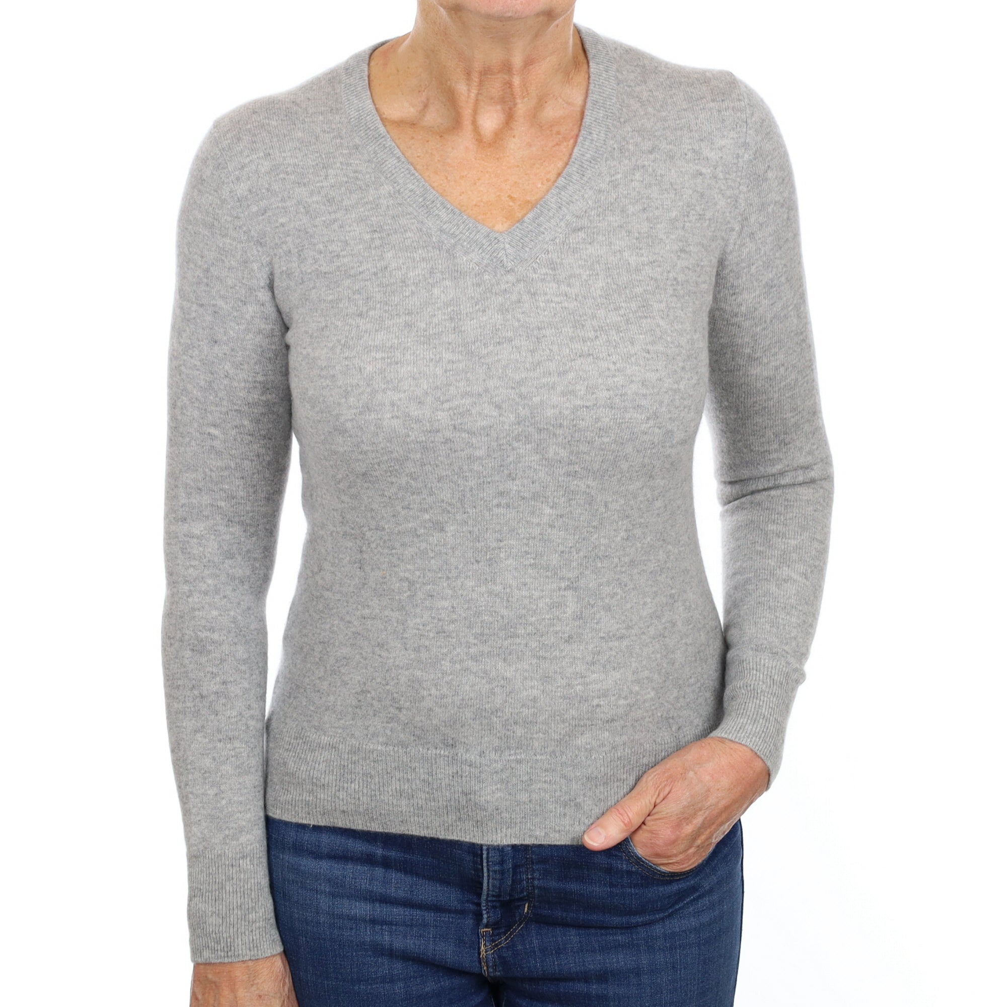 Smoke Grey Cashmere V Neck Jumper Medium