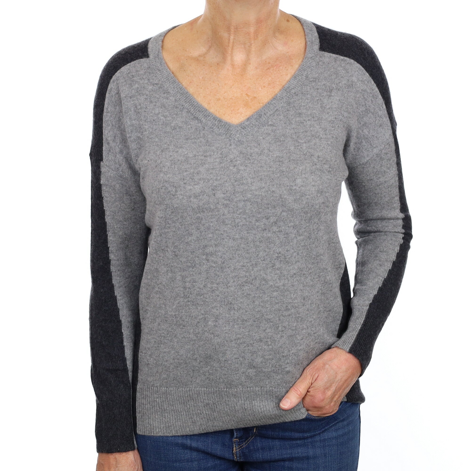Charcoal and Ash Grey Cashmere V Neck Jumper Medium