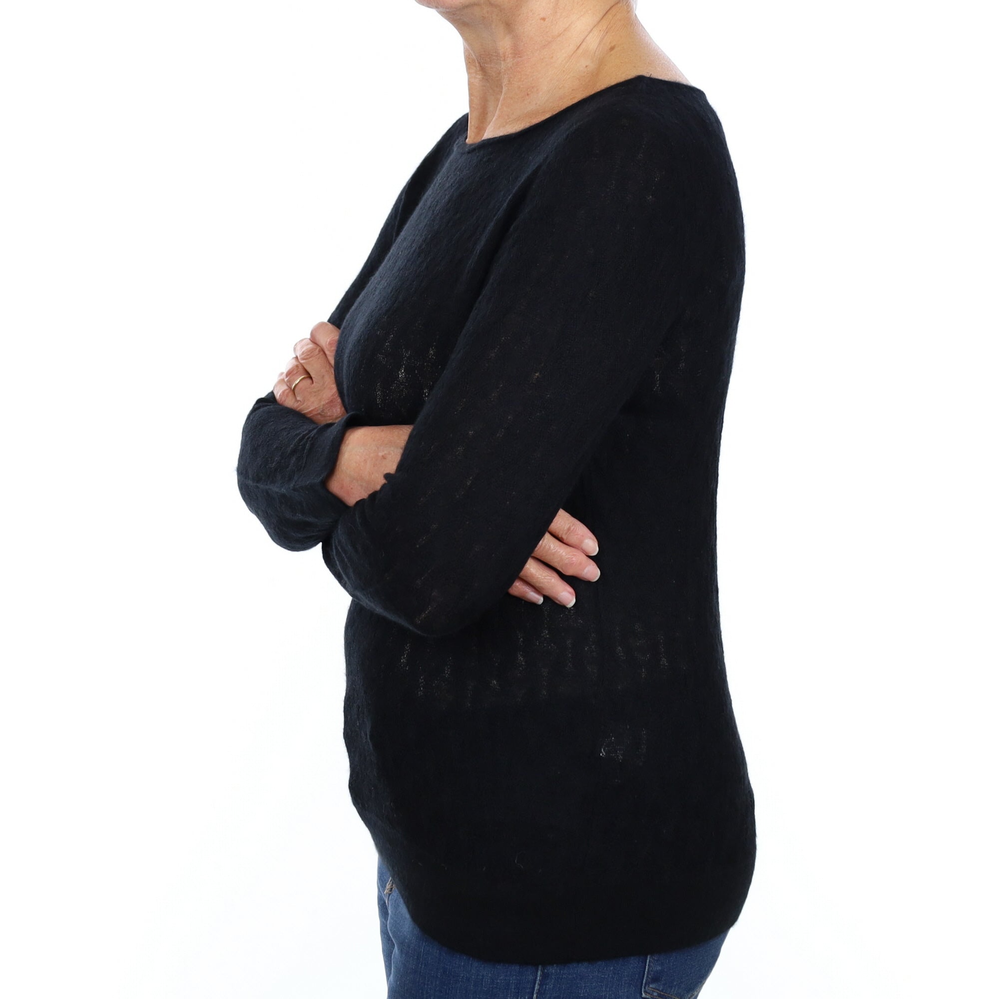 Black Lace Knit Cashmere Crew Neck Jumper Medium