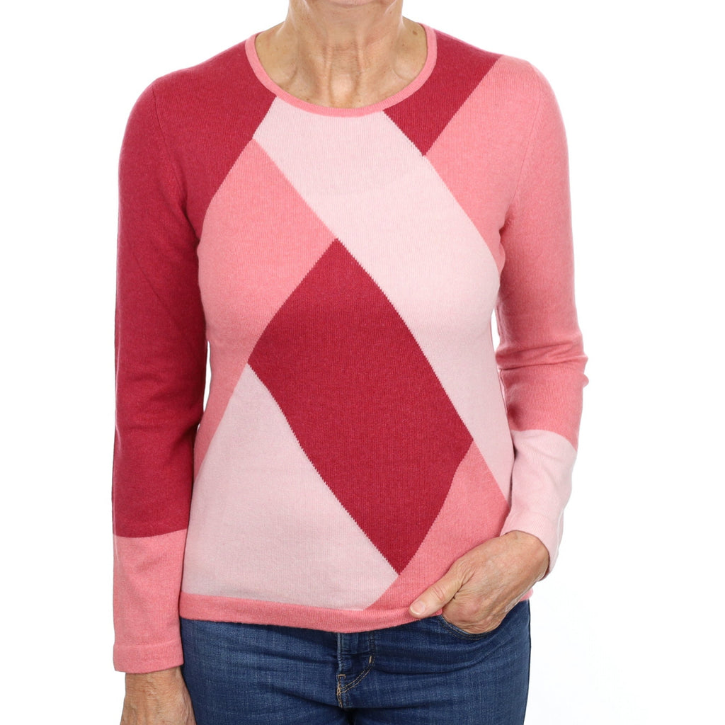 Raspberry Pink Patterned Cashmere Crew Neck Jumper Medium