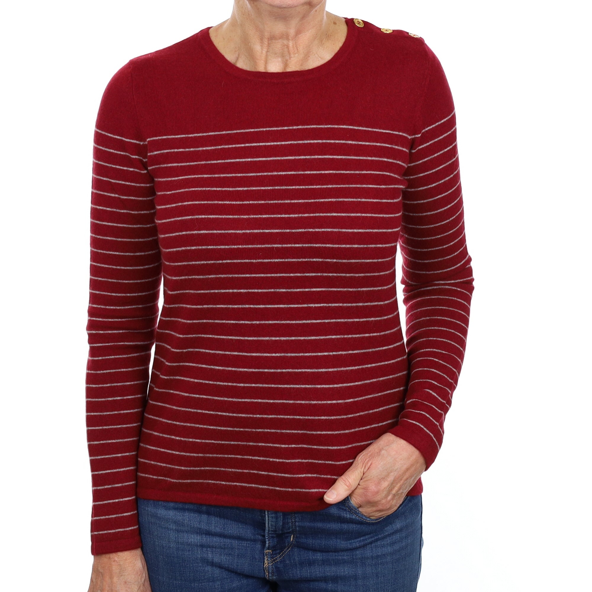 Wine Red & Grey Stripe Cashmere Crew Neck Jumper Medium