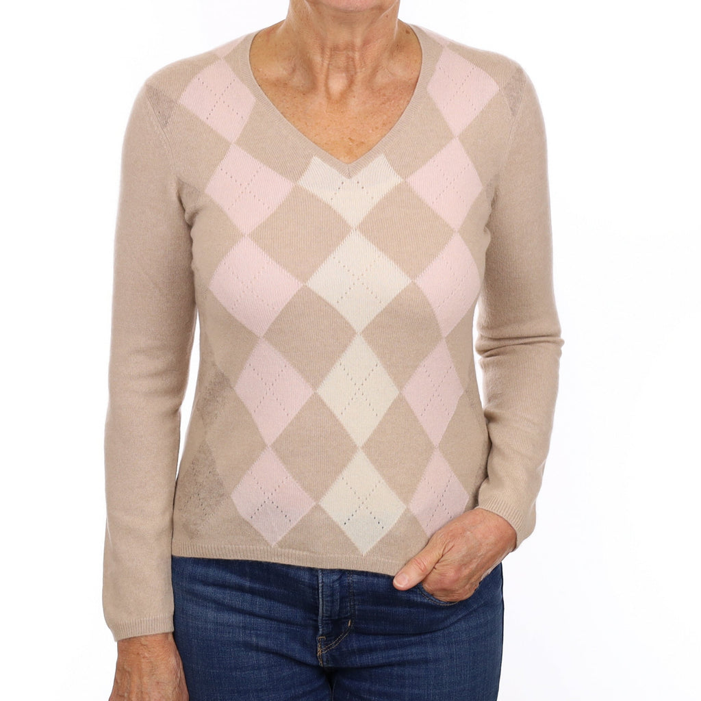 Beige & Pale Pink Diamond Cashmere V Neck Jumper Medium