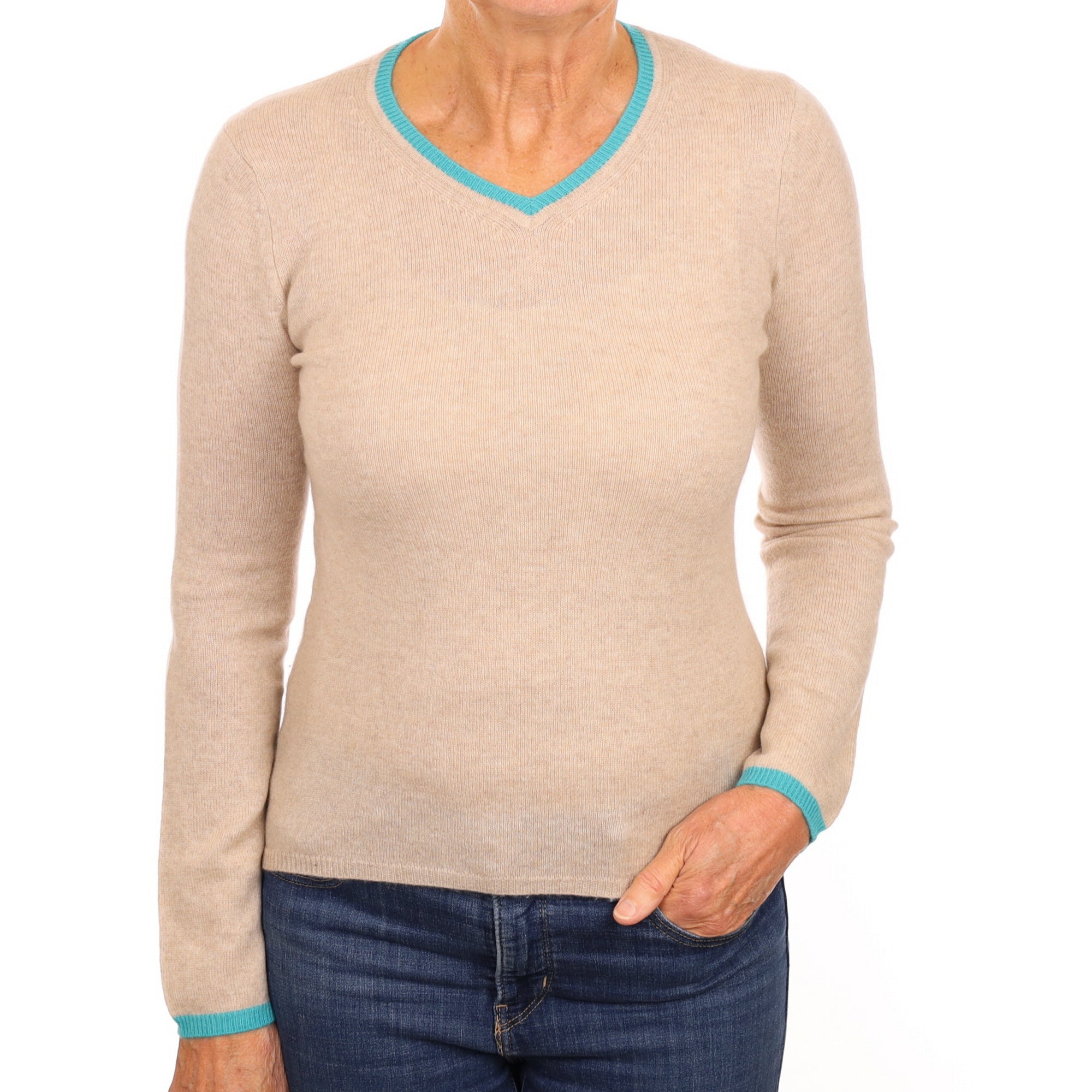 Fawn Turquoise Trim Cashmere V Neck Jumper Medium