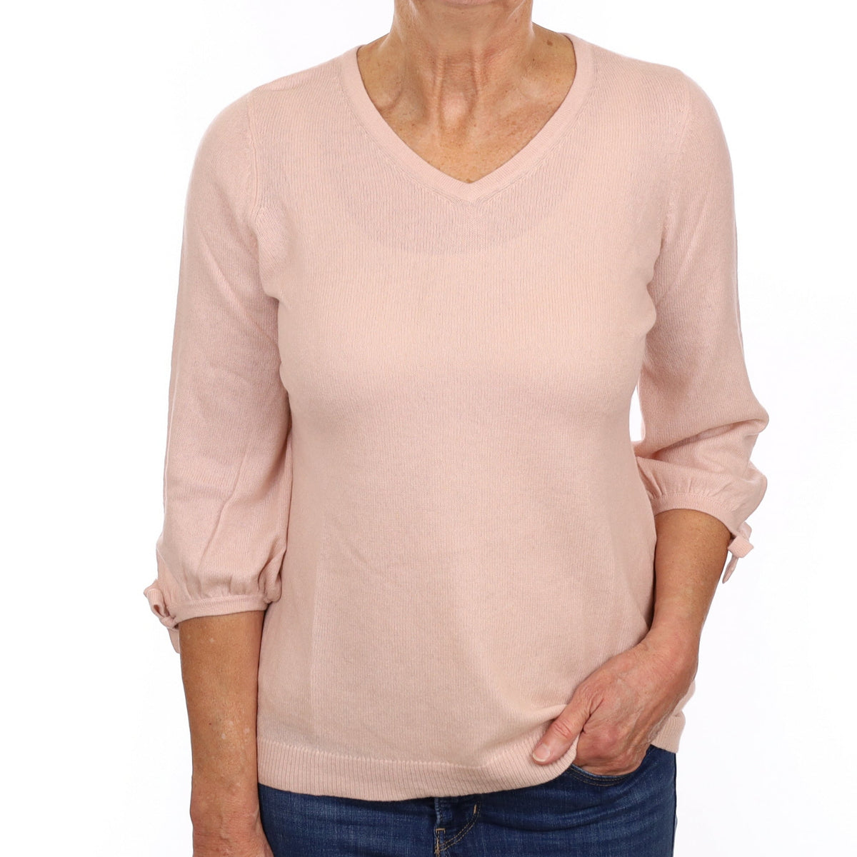 Shell Pink Cashmere Feature Sleeve V Neck Jumper Medium