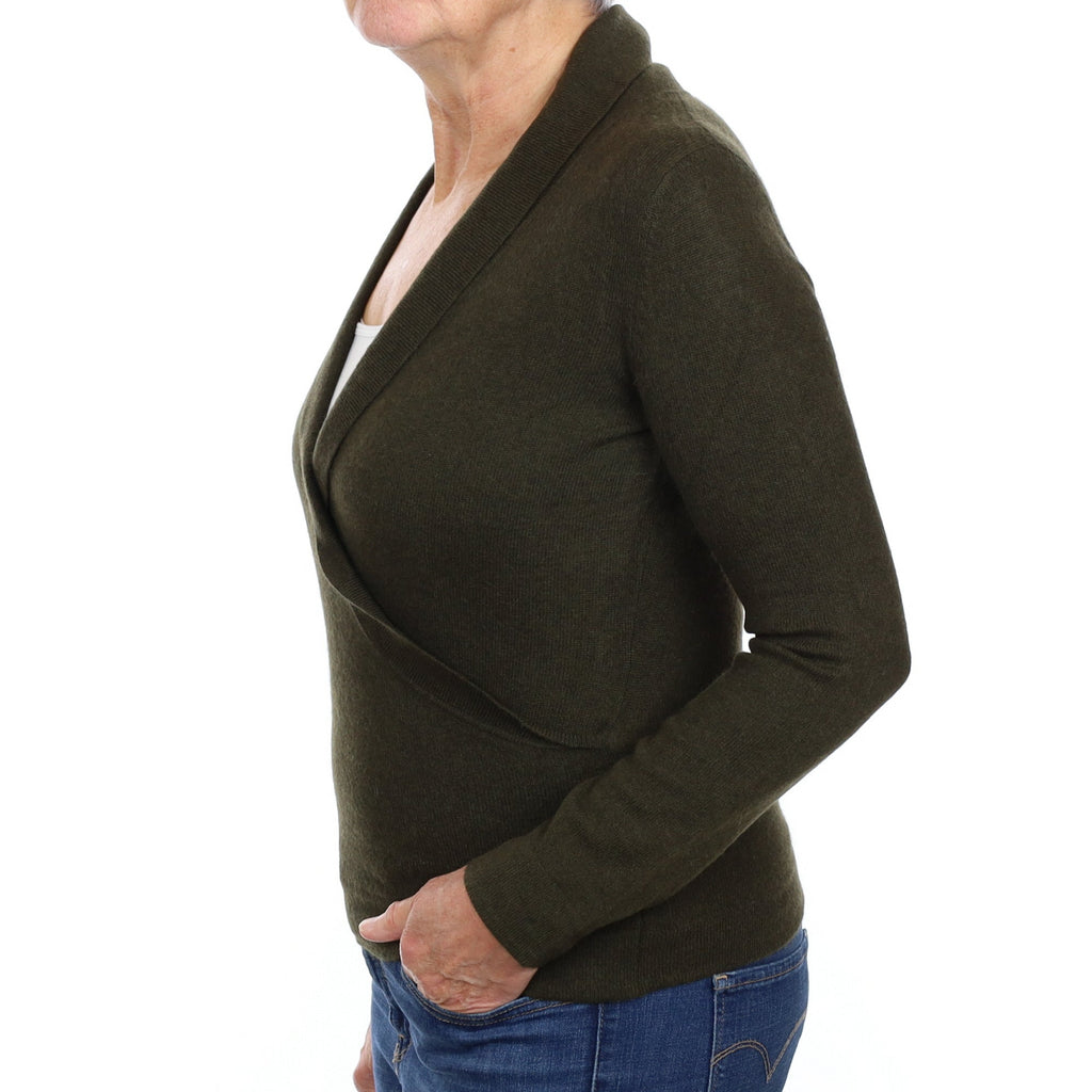 Deep Khaki Green Cashmere Cross Over V Neck Jumper Medium