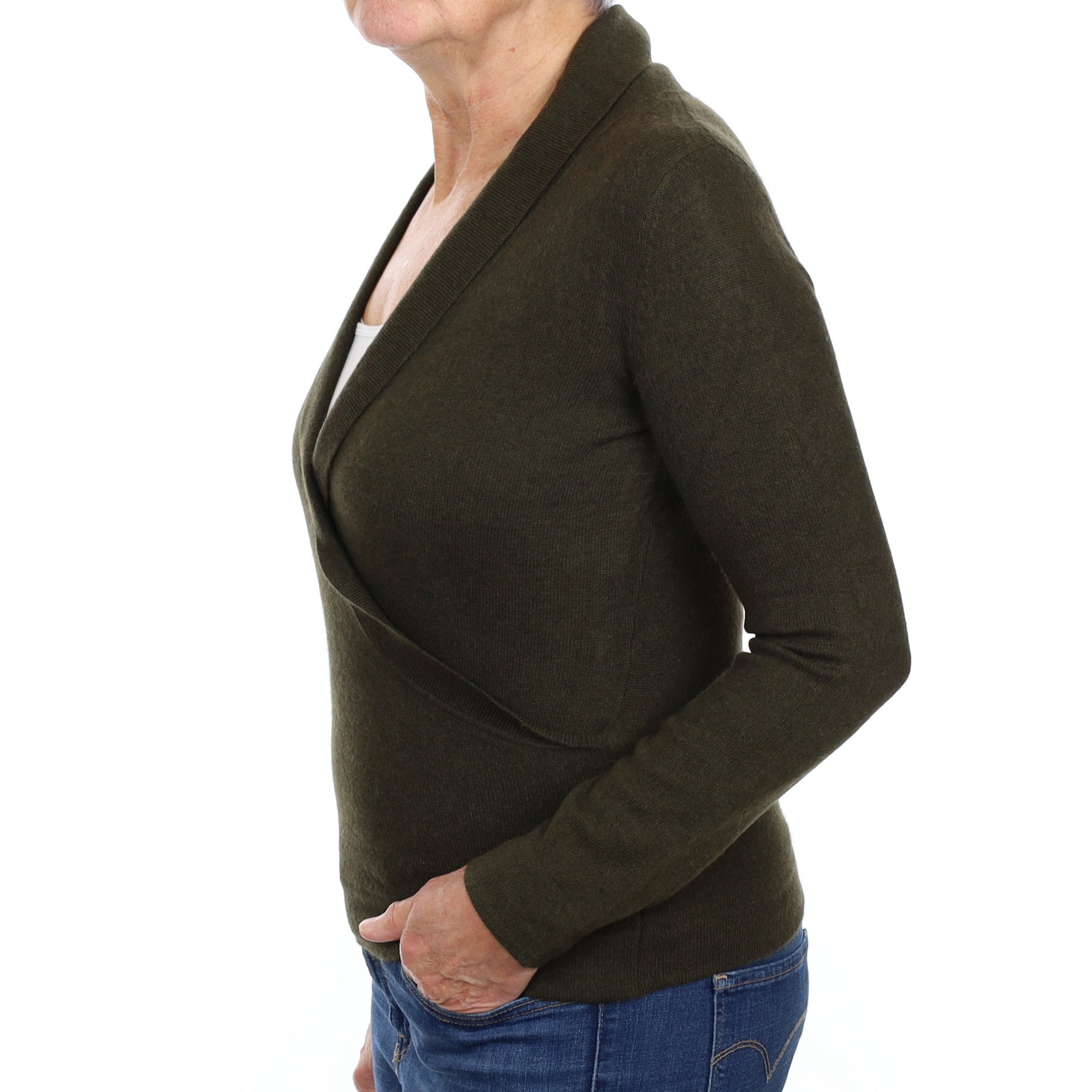 Deep Khaki Green Cashmere Cross Over V Neck Jumper Medium
