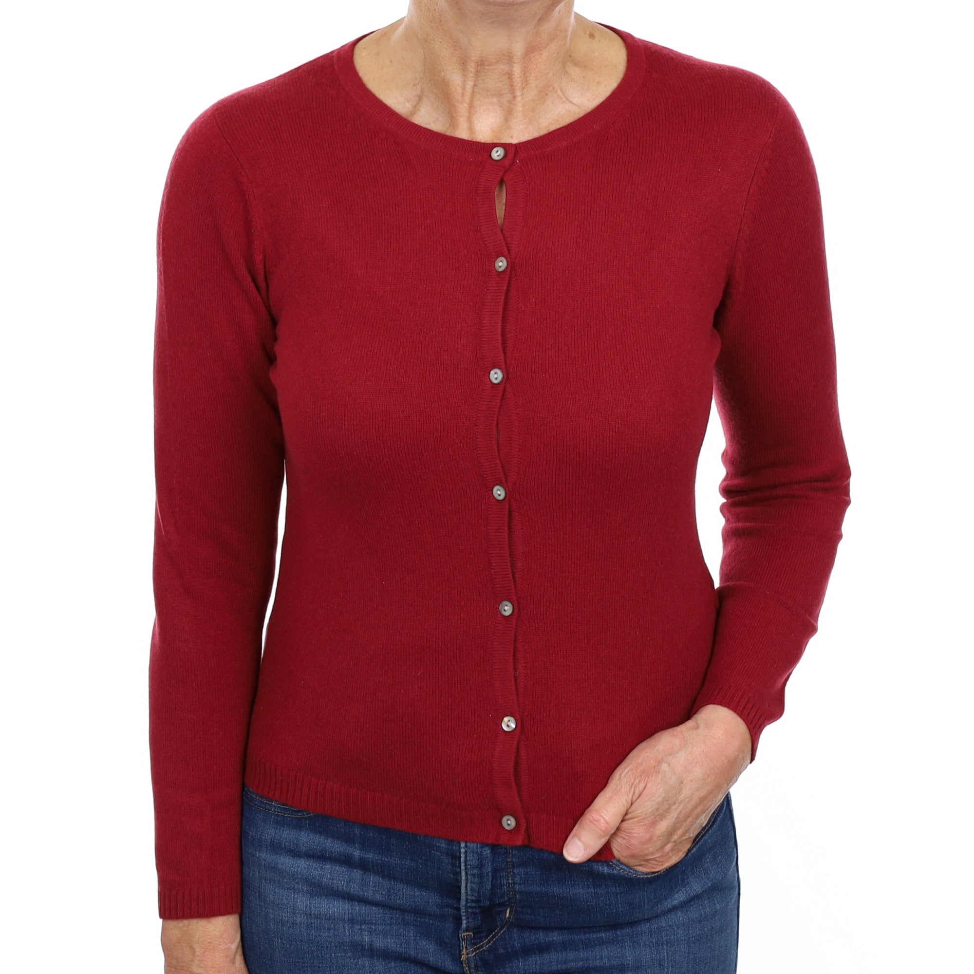 Burgundy Red Cashmere Crew Neck Cardigan Medium