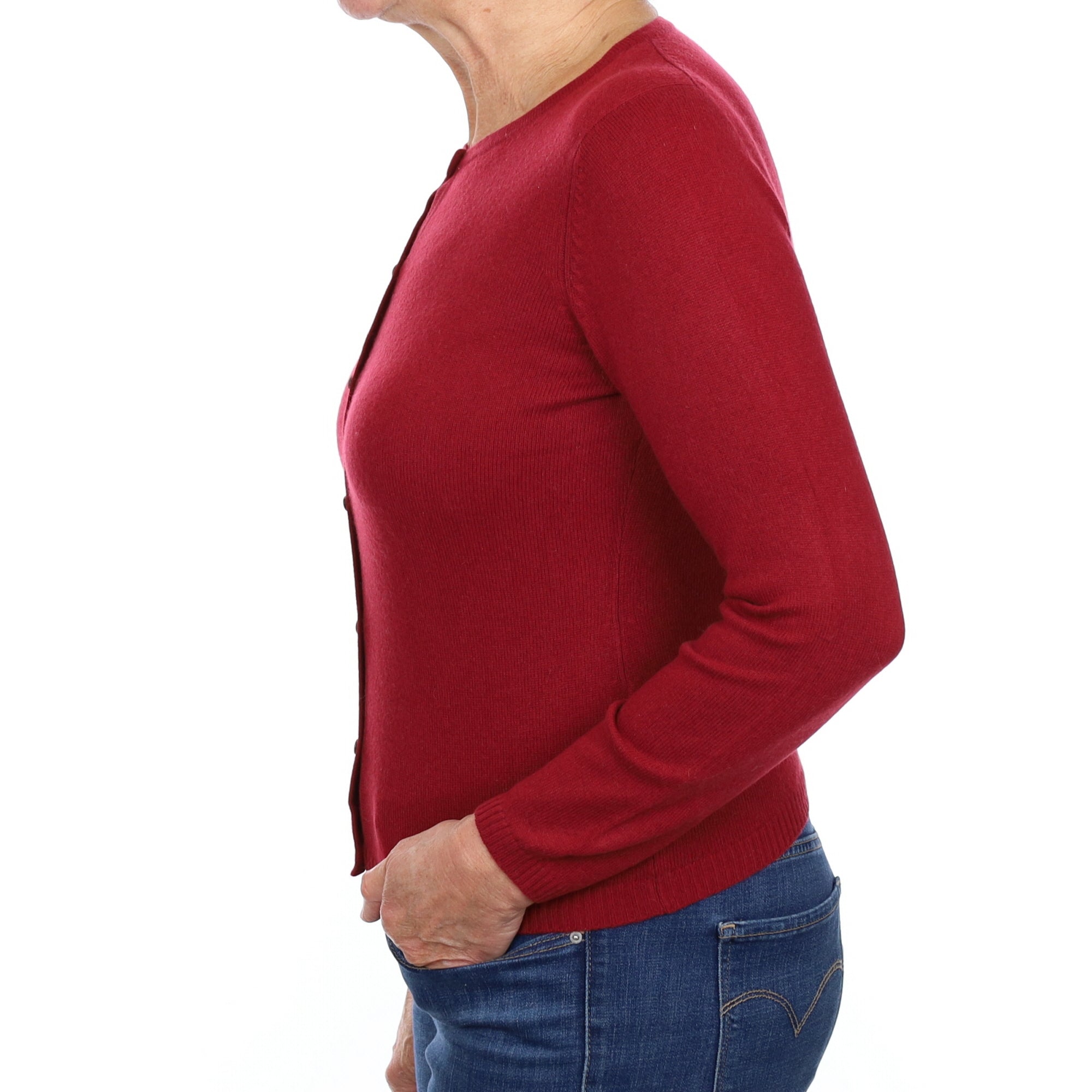 Burgundy Red Cashmere Crew Neck Cardigan Medium