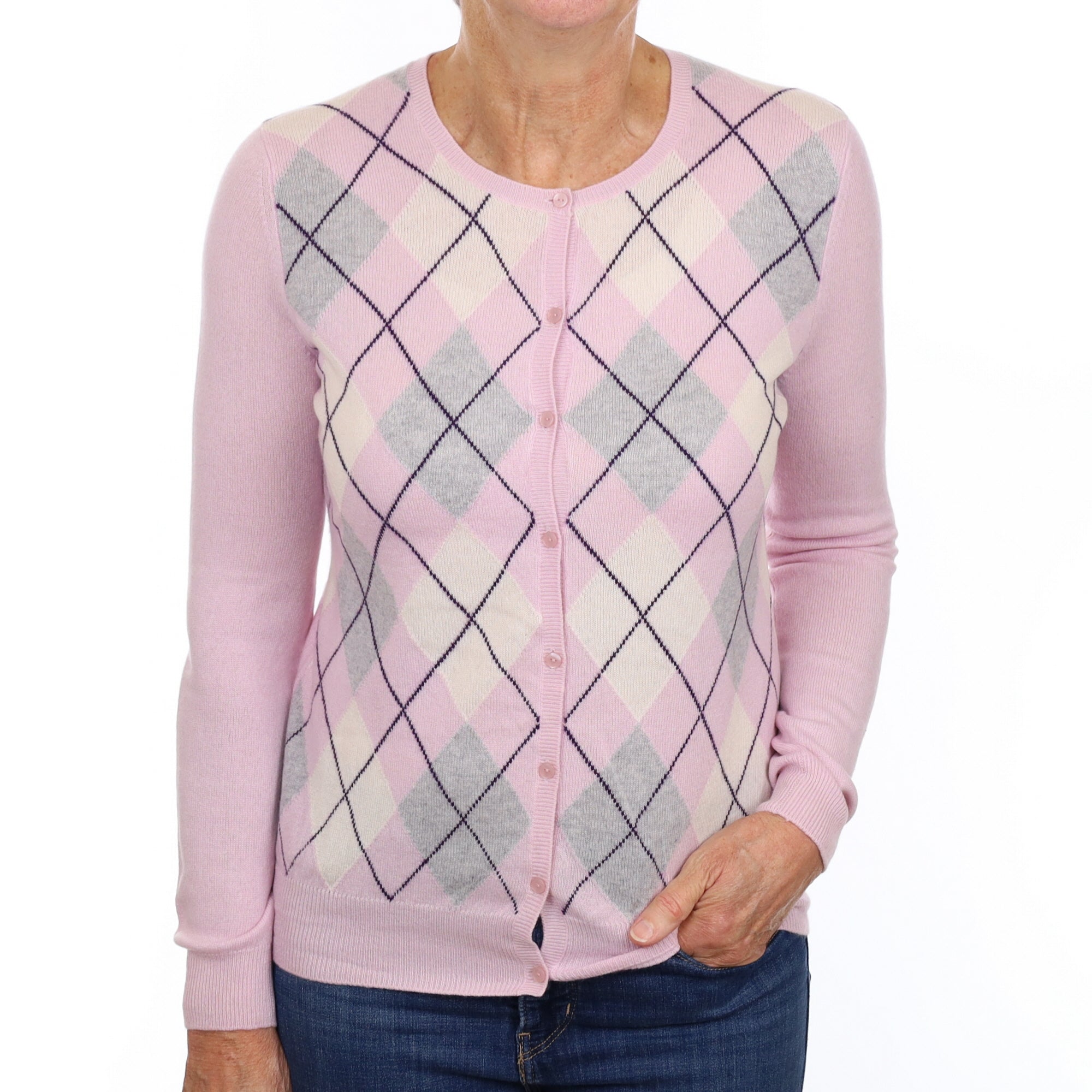 Mauve Argyle Cashmere Crew Neck Cardigan Medium