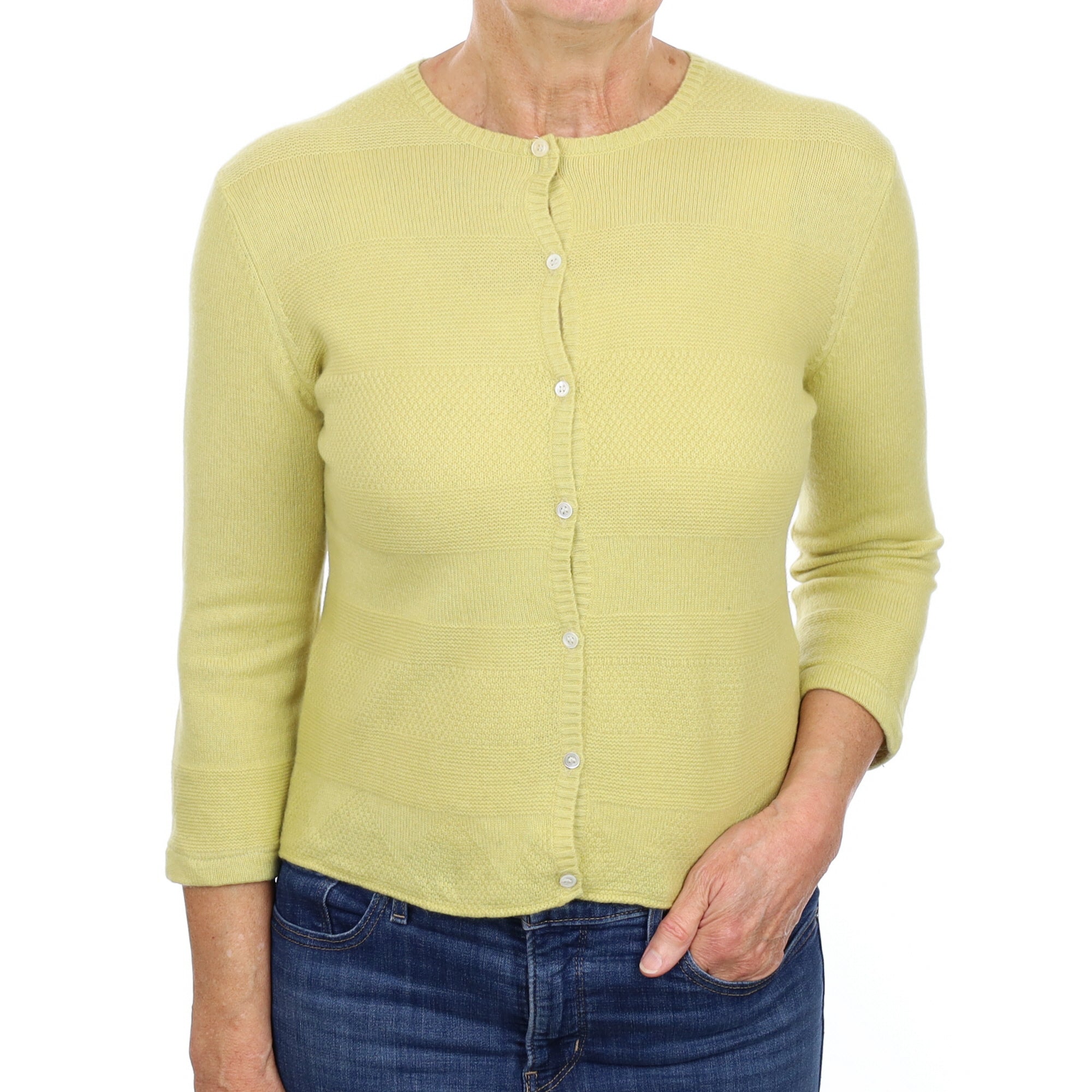 Chartreuse Green Textured Cashmere Crew Neck Cardigan Medium