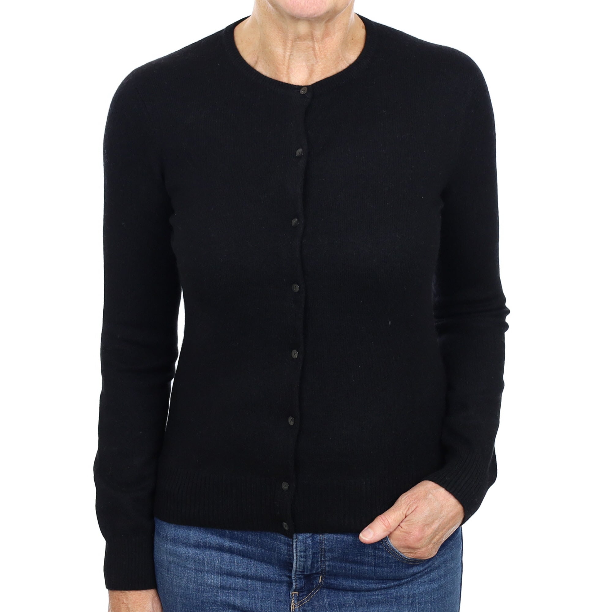 Black Cashmere Crew Neck Cardigan Medium