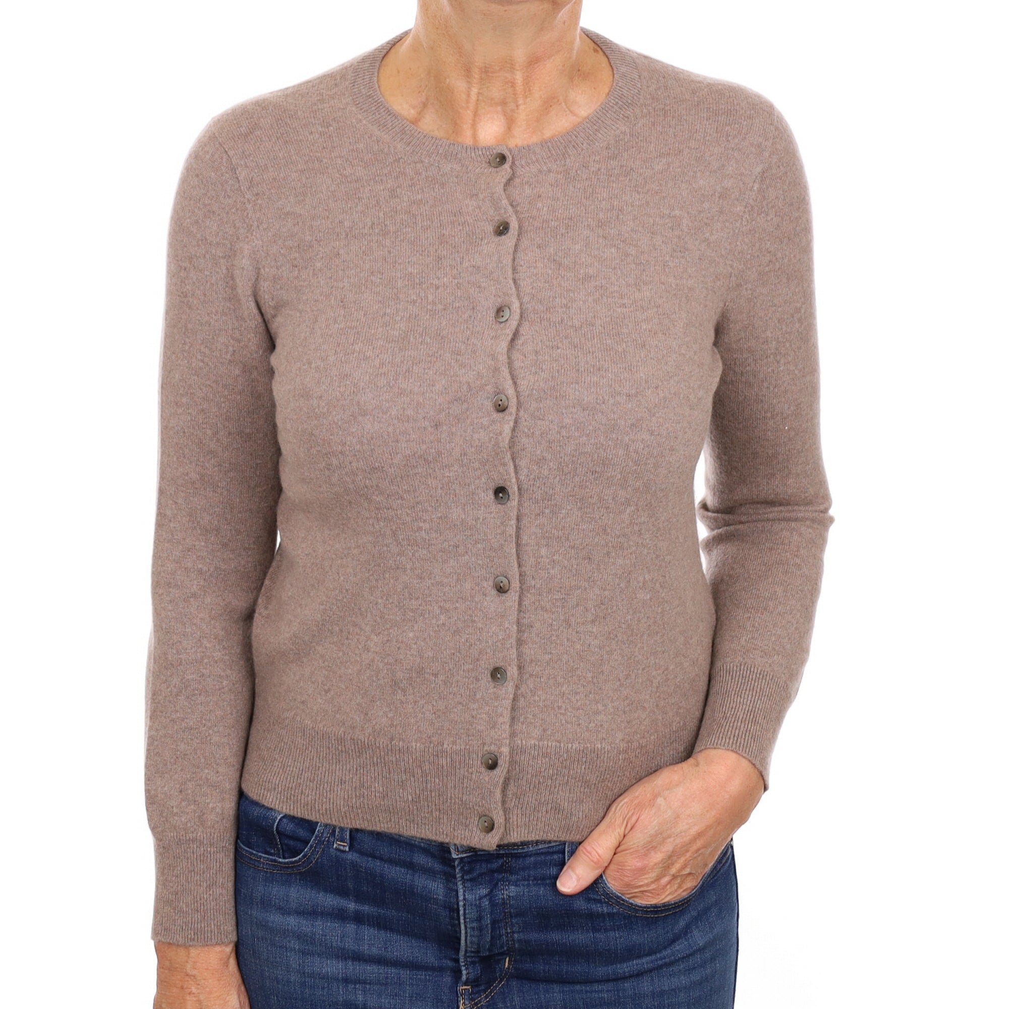 Mink Brown Cashmere Crew Neck Cardigan Medium