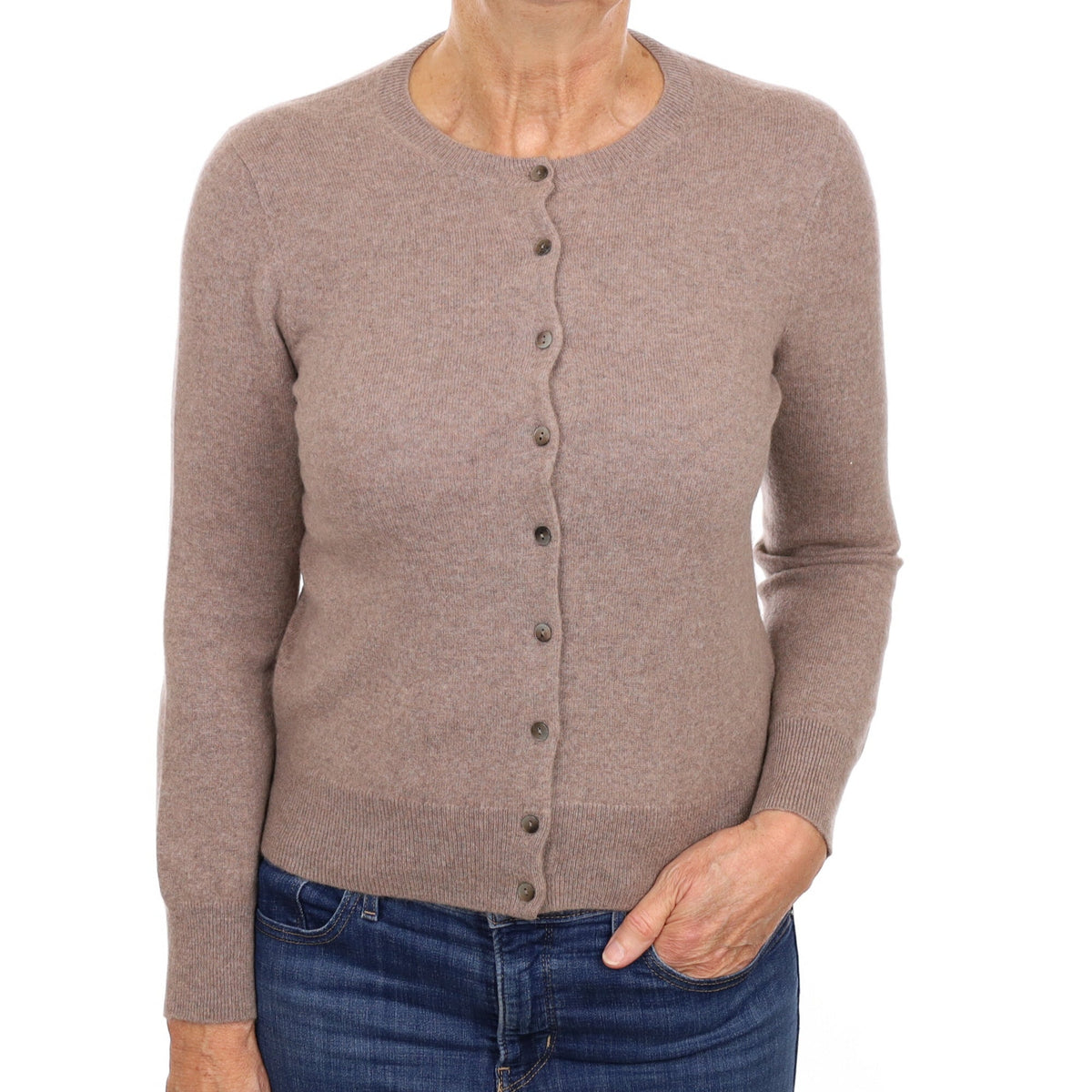 Mink Brown Cashmere Crew Neck Cardigan Medium
