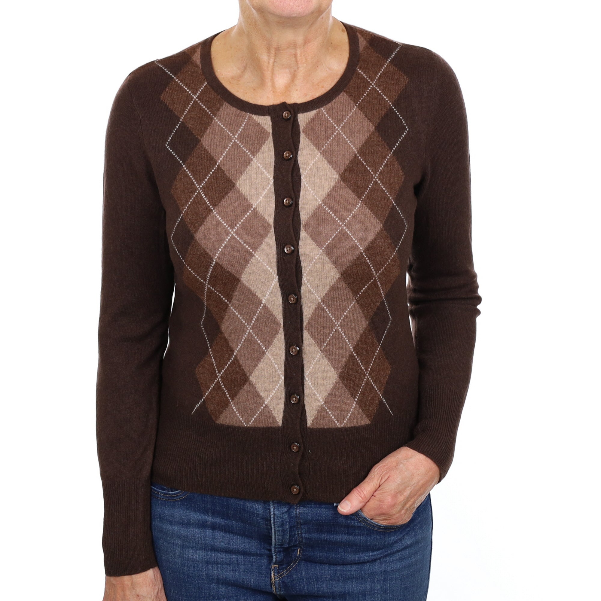 Chocolate Brown Argyle Cashmere Crew Neck Cardigan Medium