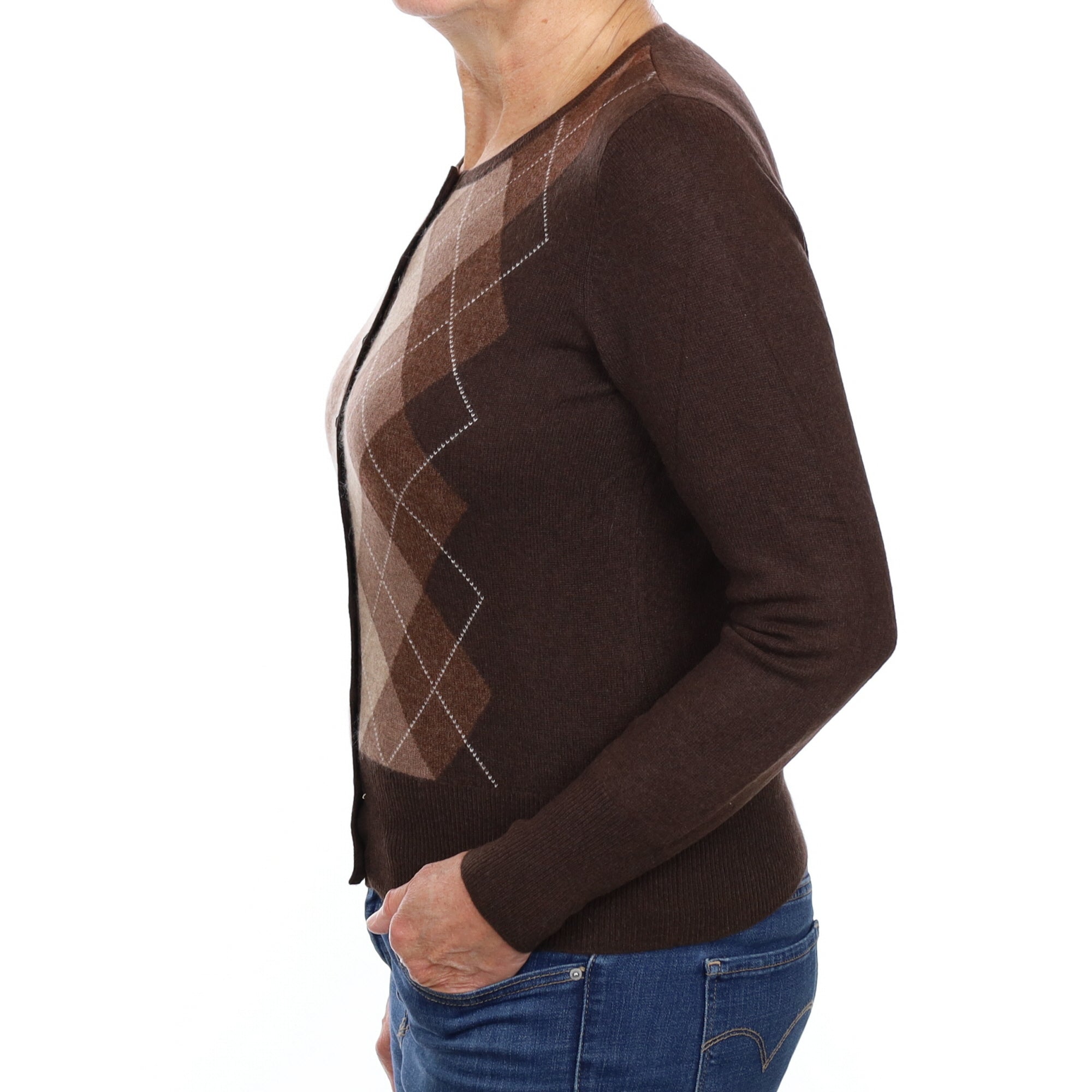Chocolate Brown Argyle Cashmere Crew Neck Cardigan Medium