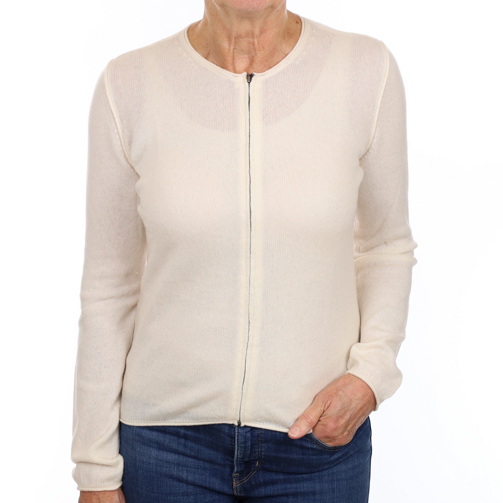 LL Bean Cream Cashmere Zip Up Cardigan Medium