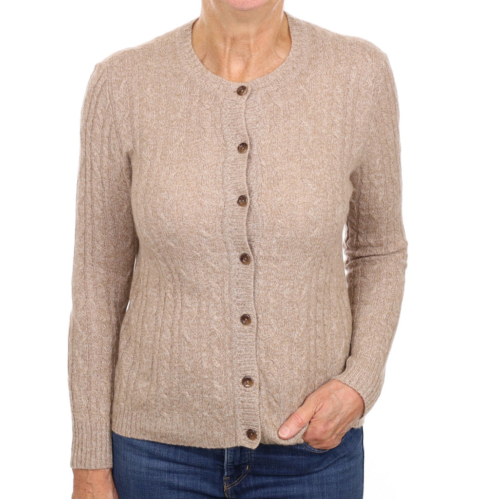 Fawn Marl Cable Cashmere Crew Neck Cardigan Medium