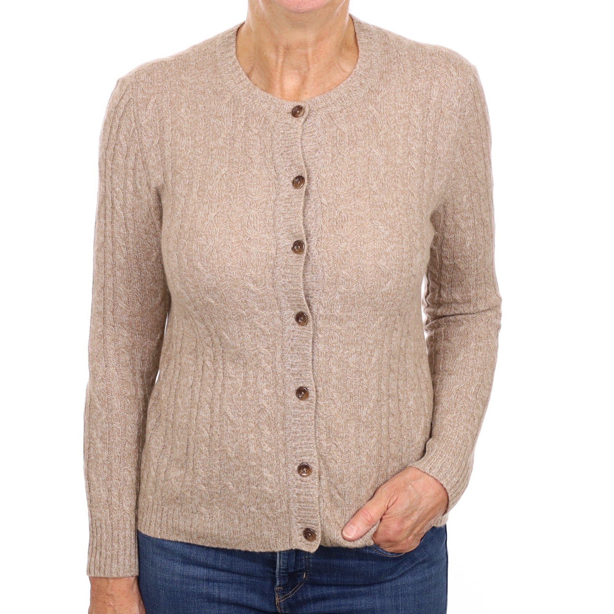 Fawn Marl Cable Cashmere Crew Neck Cardigan Medium