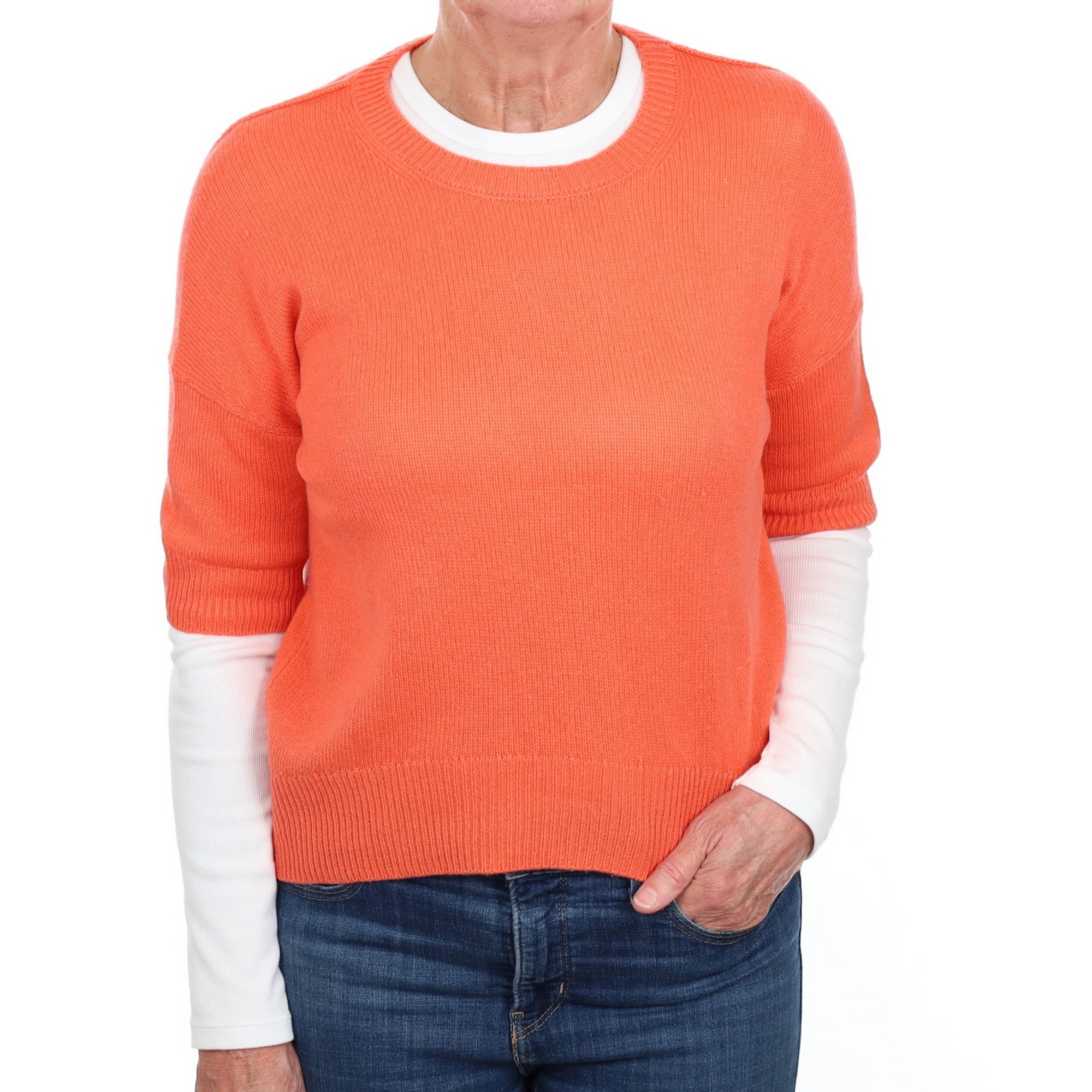 Me & Em Coral Orange Cashmere Short Sleeve Crew Neck Jumper Medium