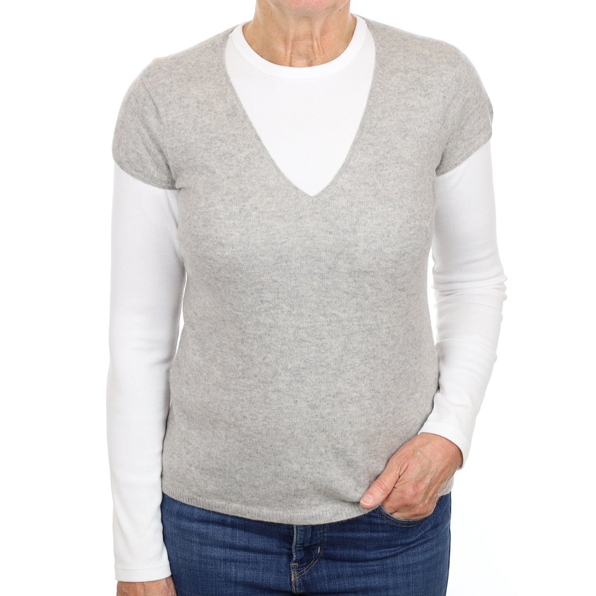 Smoke Grey Cashmere Capped Sleeve V Neck Jumper Medium