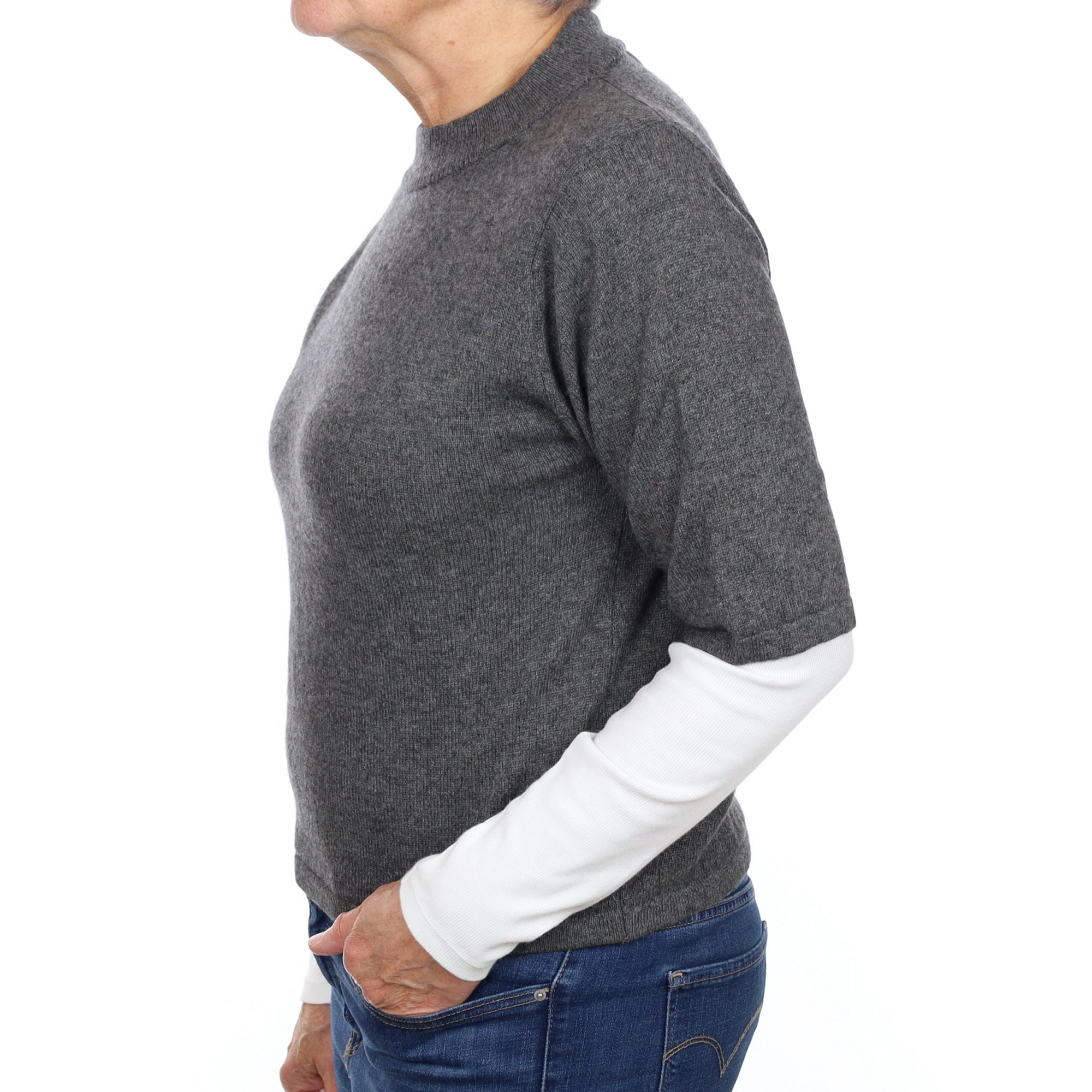 Slate Grey Cashmere Short Sleeve Turtle Neck Jumper Medium