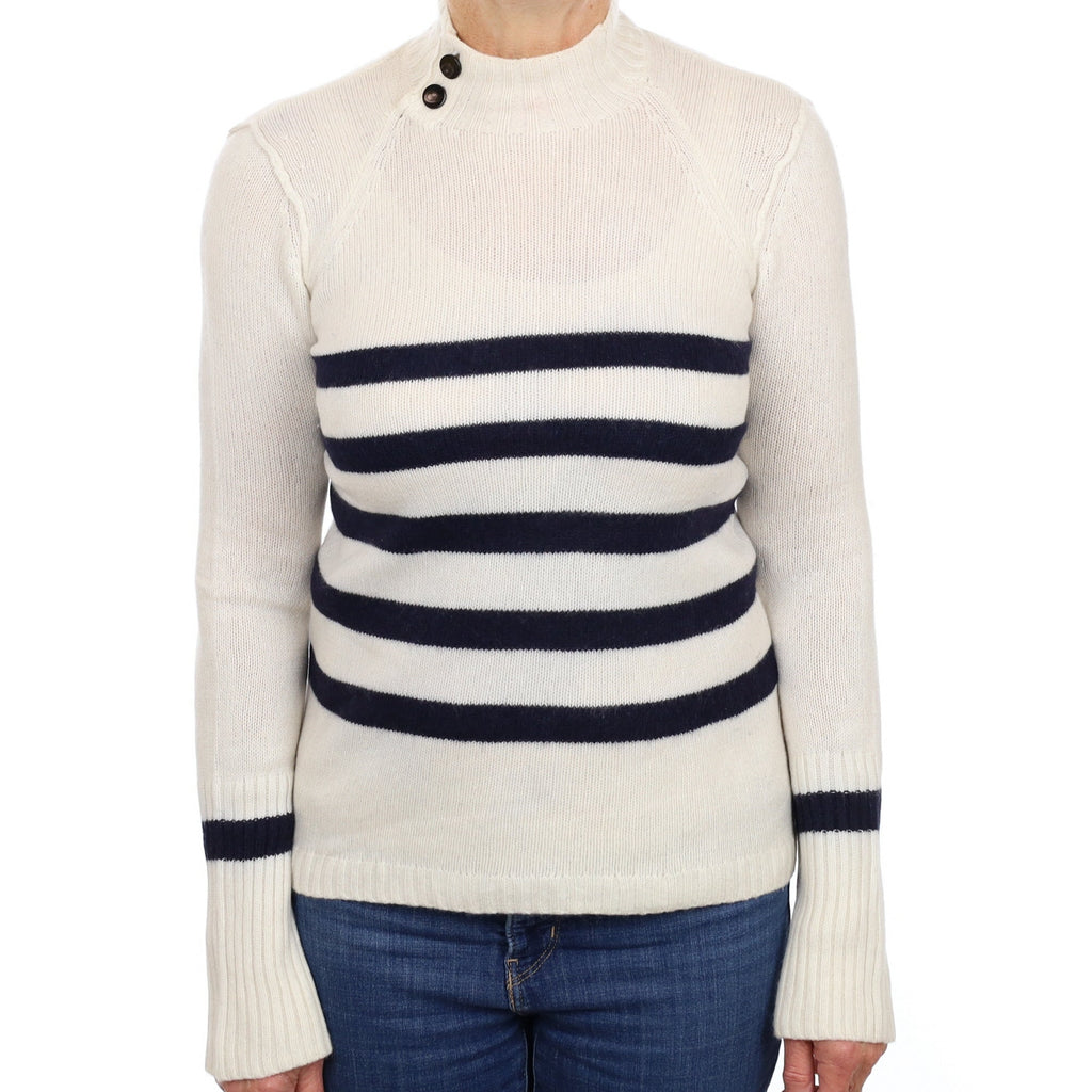Jigsaw Cream and Navy Stripe Cashmere Turtle Neck Jumper Medium