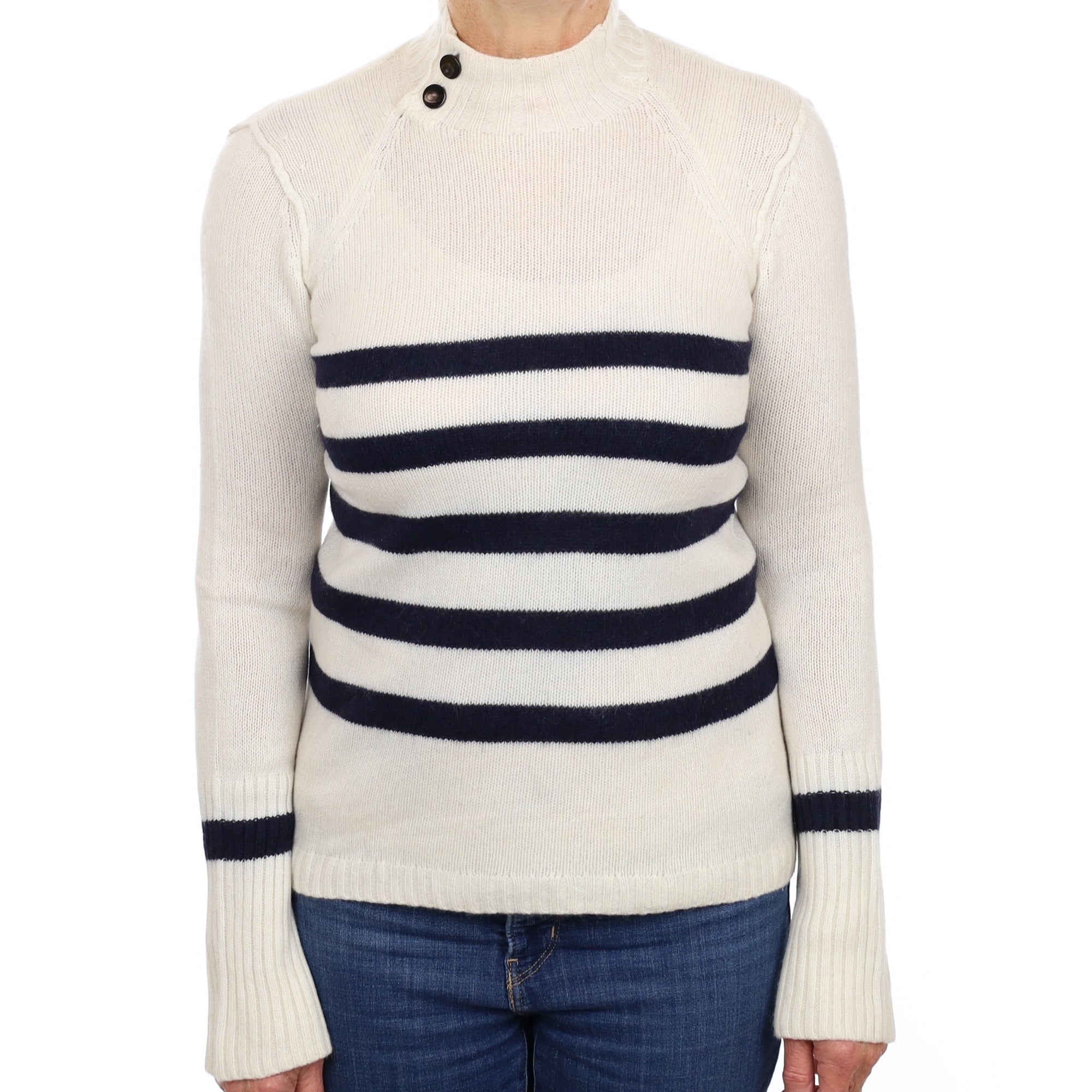 Jigsaw Cream and Navy Stripe Cashmere Turtle Neck Jumper Medium