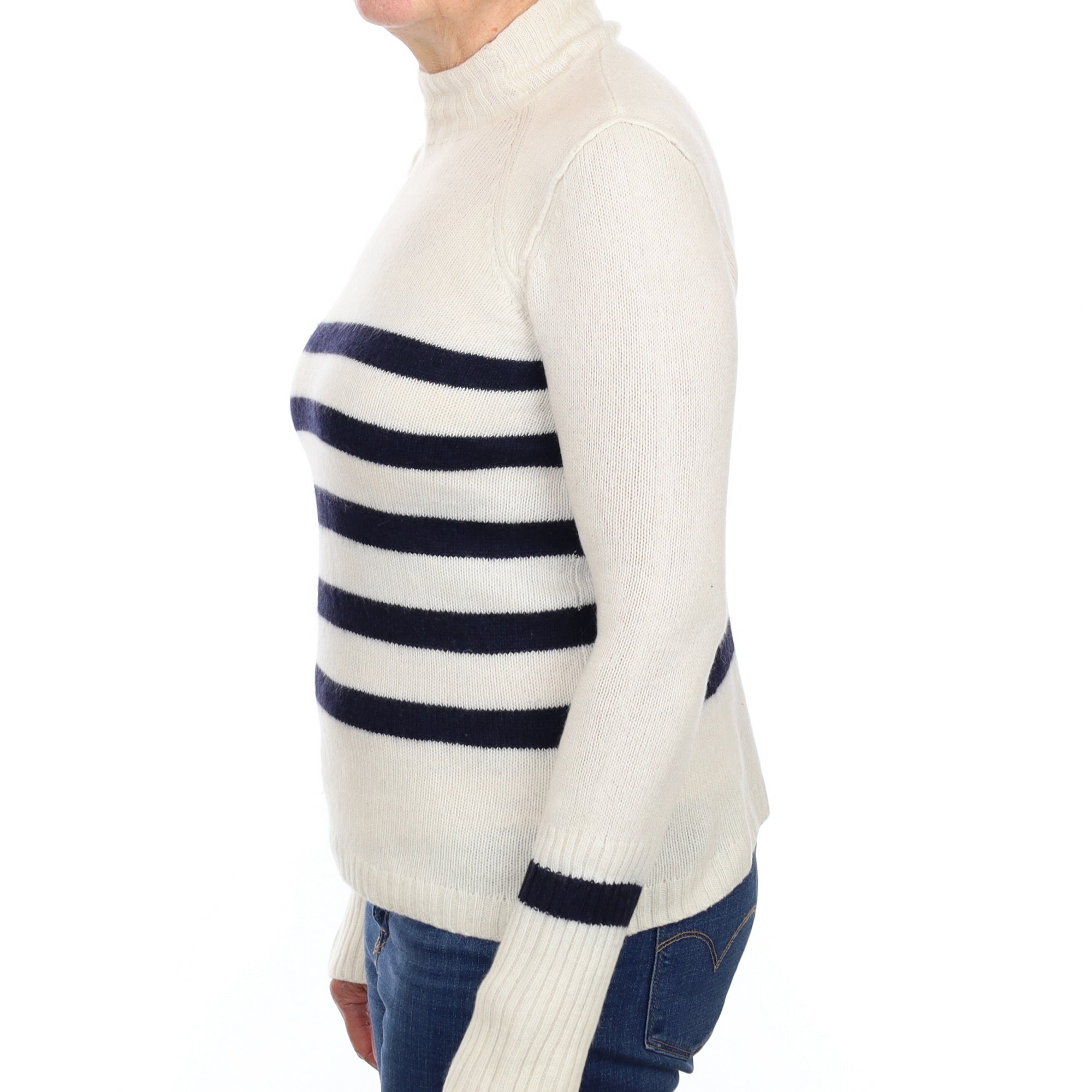 Jigsaw Cream and Navy Stripe Cashmere Turtle Neck Jumper Medium