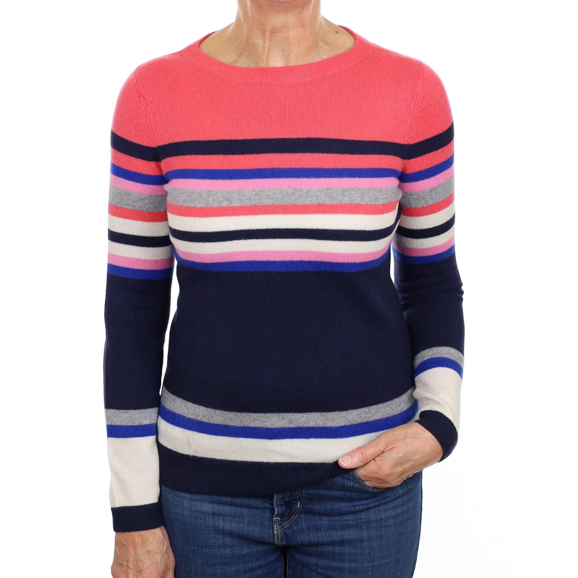 Strawberry Pink and Navy Stripe Cashmere Crew Neck Jumper Medium