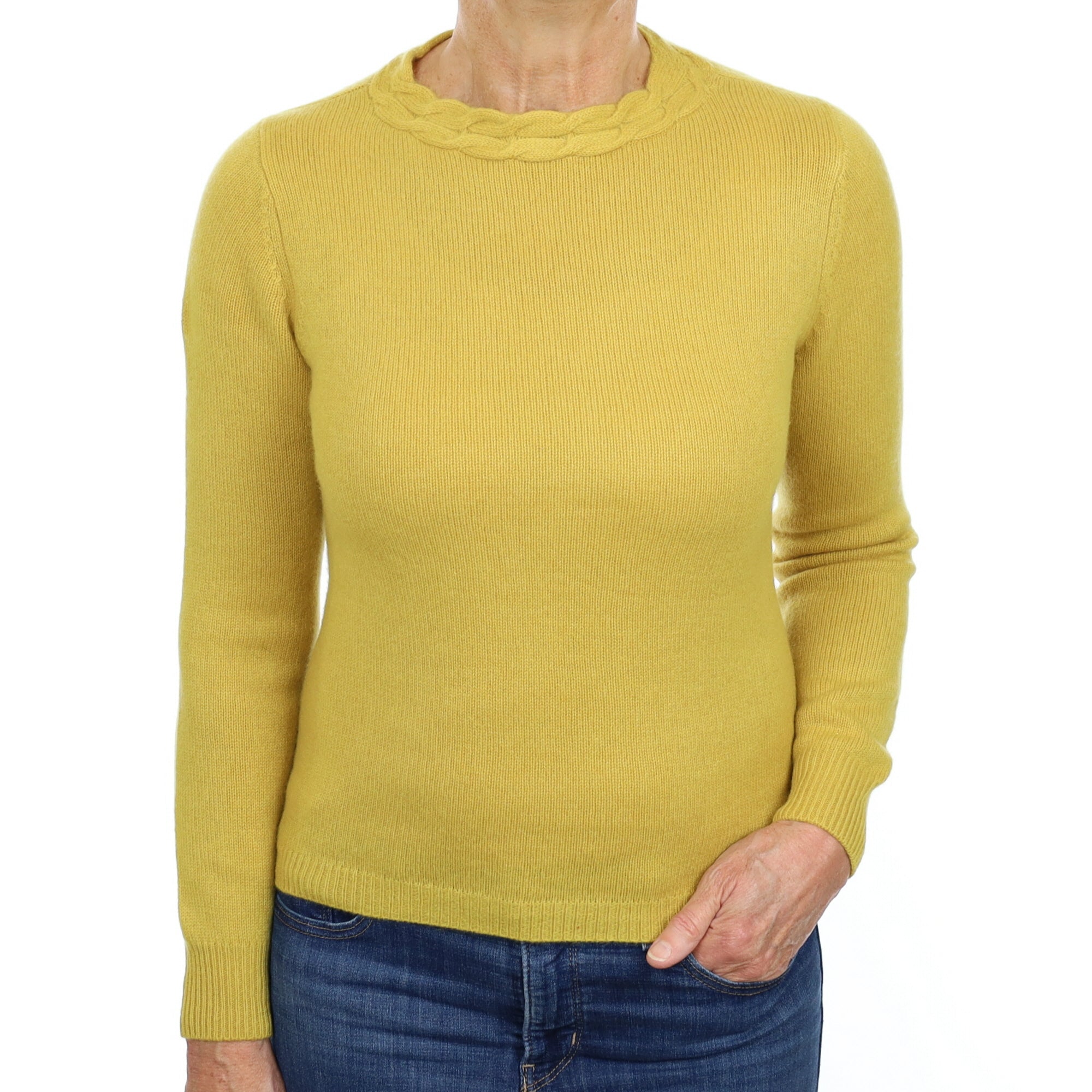 Mustard Yellow Cashmere Cable Trim Crew Neck Jumper Medium